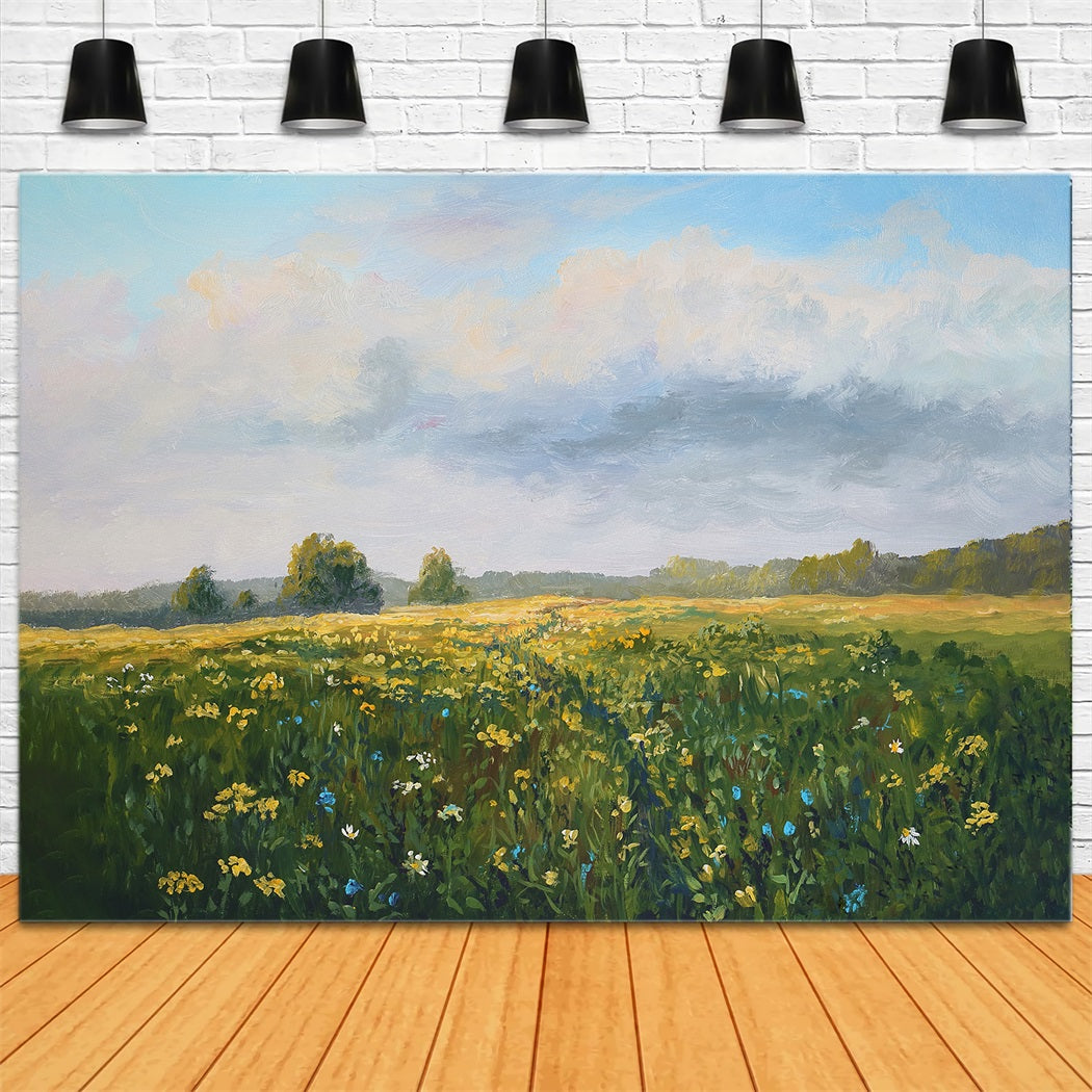 Stile Di Pittura A Olio Primaverile Fiori Selvatici Cielo Blu Nuvole Bianche Sfondo RR3-18