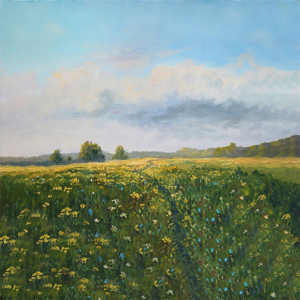 Stile Di Pittura A Olio Primaverile Fiori Selvatici Cielo Blu Nuvole Bianche Sfondo RR3-18