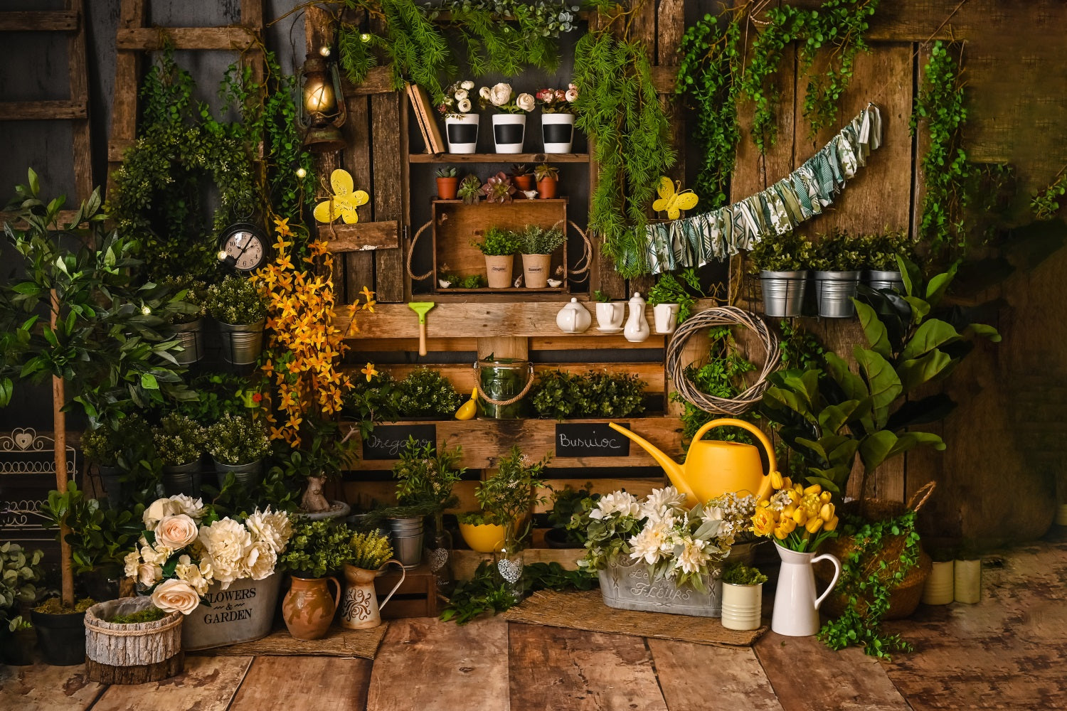 Pannello In Legno Primaverile Con Piante In Vaso Stile Giardinaggio Sfondo RR3-23