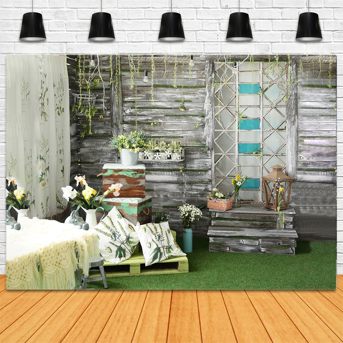 Dbackdrop Spring Greenery Pianta In Vaso Fiore Sfondo Da Parete Con Pannelli In Legno RR3-39