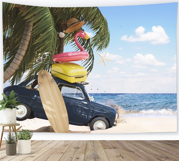 Dbackdrop Summer Seaside Beach Coconut Tree Car Flamingo Swimming Ring Fondale RR3-41