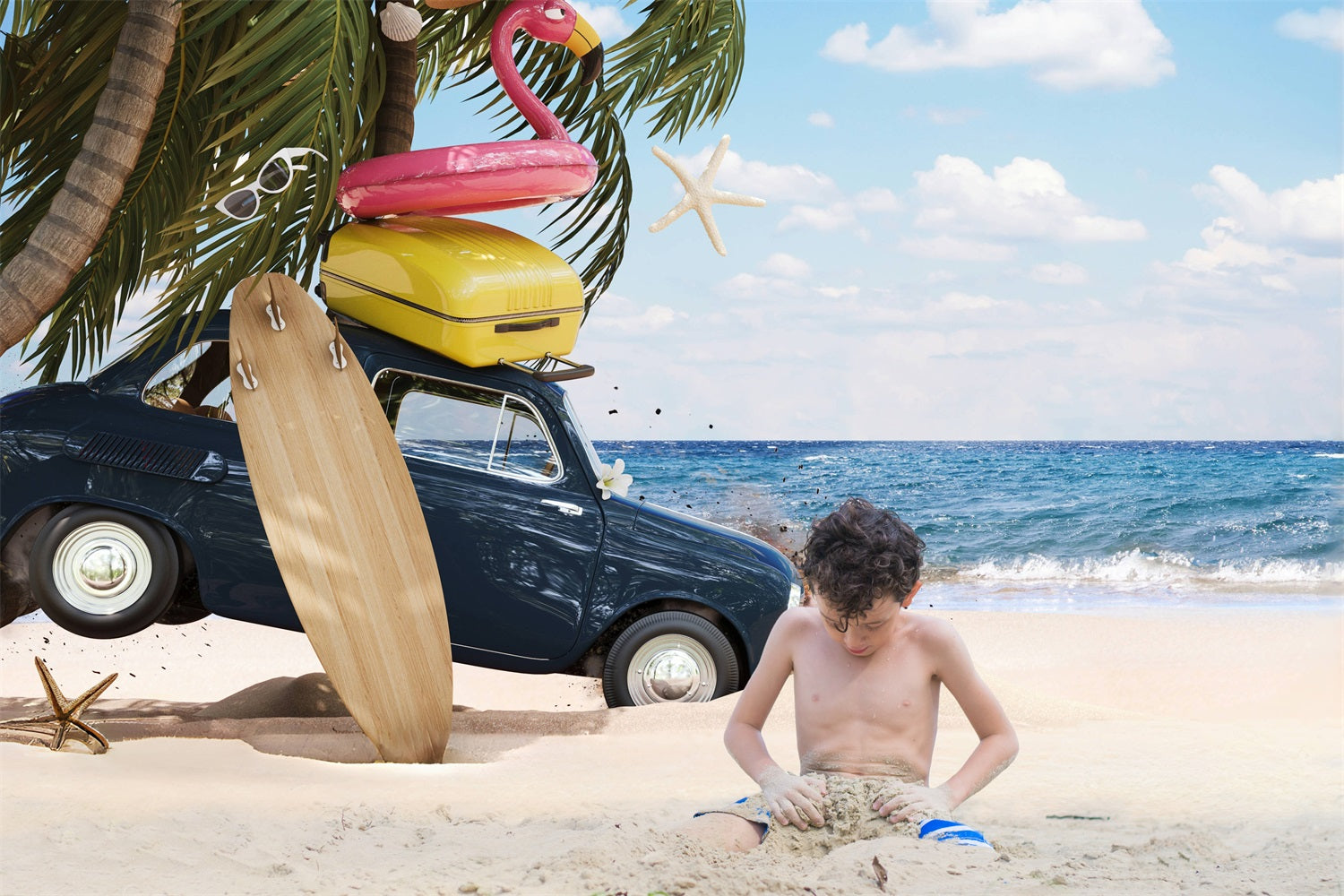 Dbackdrop Summer Seaside Beach Coconut Tree Car Flamingo Swimming Ring Fondale RR3-41