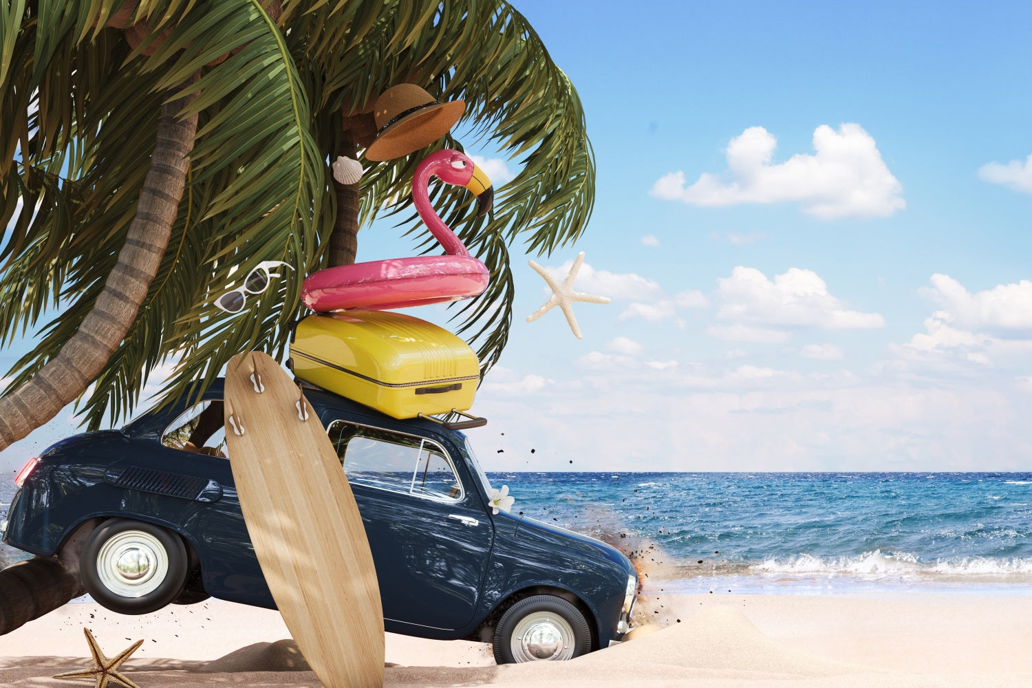 Dbackdrop Summer Seaside Beach Coconut Tree Car Flamingo Swimming Ring Fondale RR3-41