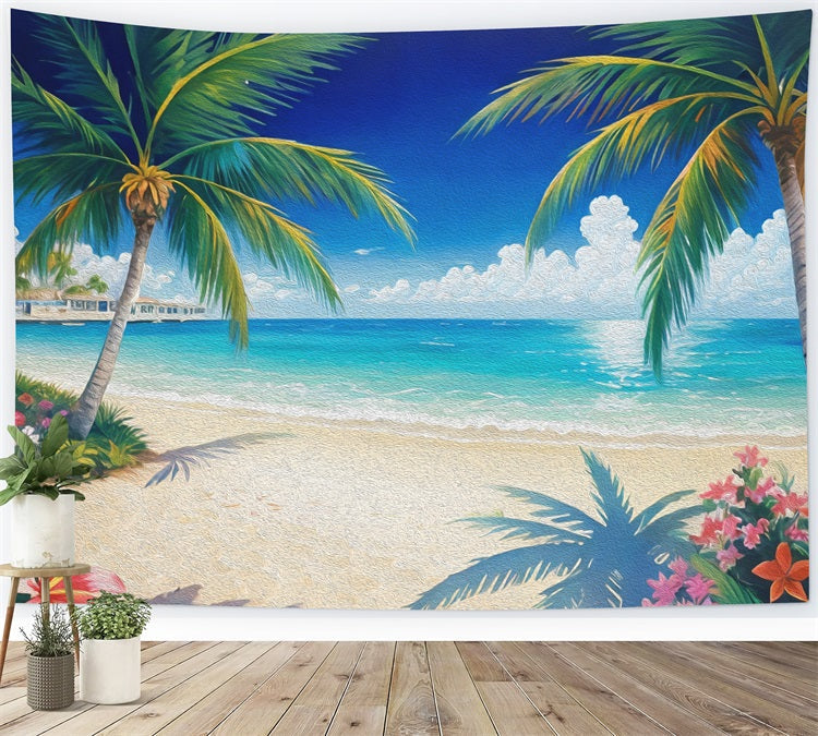 Dbackdrop Estate Pittura A Olio Stile Albero Di Cocco Fiore Sfondo Blu Mare RR3-44