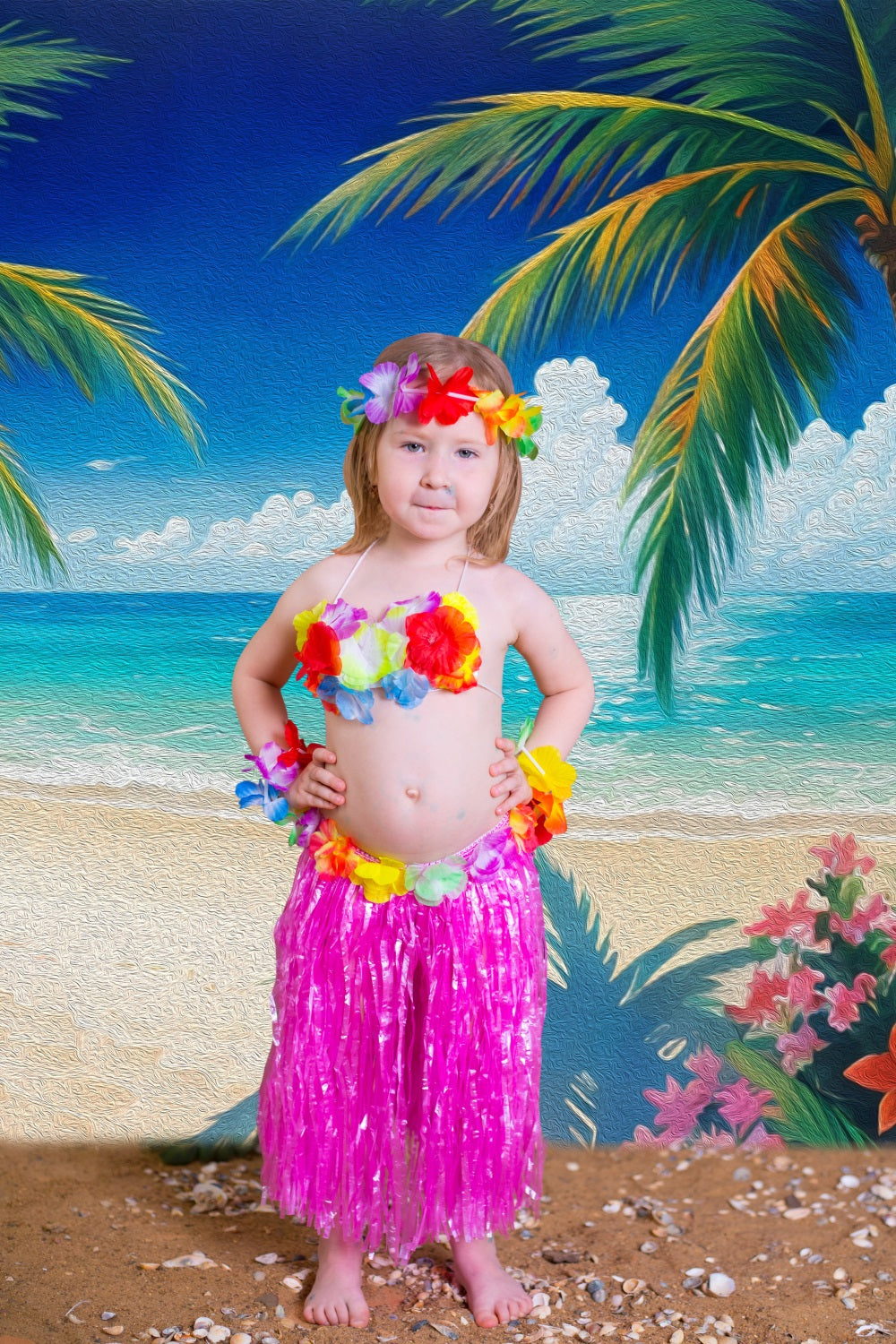 Dbackdrop Summer Oil Painting Style Coconut Tree Flower Blue Sea Fondale RR3-44