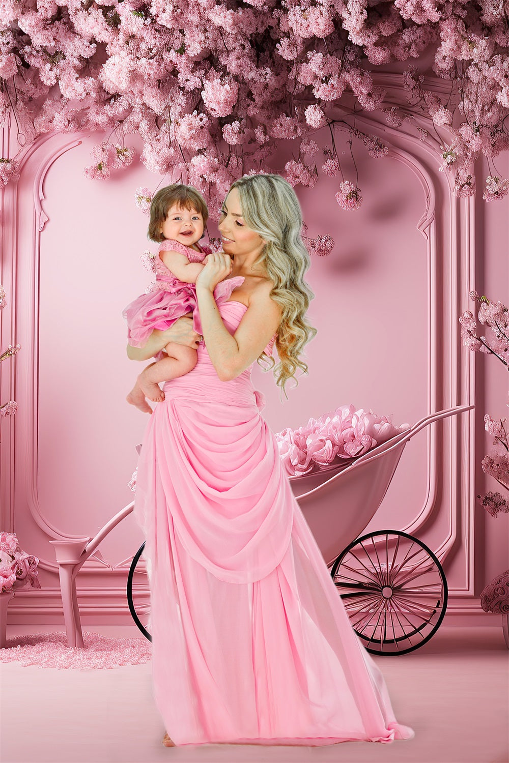 Dbackdrop Sfondo Per Elemento Carrello Rosa Con Fiori Di Ciliegio Da Parete Vintage Rosa RR4-11