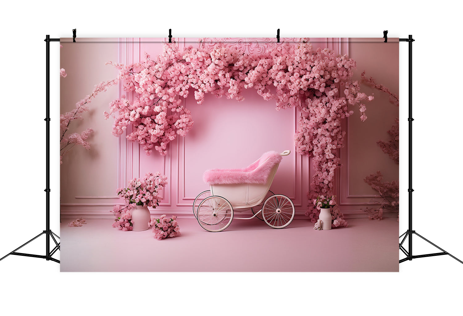 Dbackdrop Sfondo Rosa Classico Da Parete Con Fiori Di Ciliegio E Carrello Rosa RR4-12