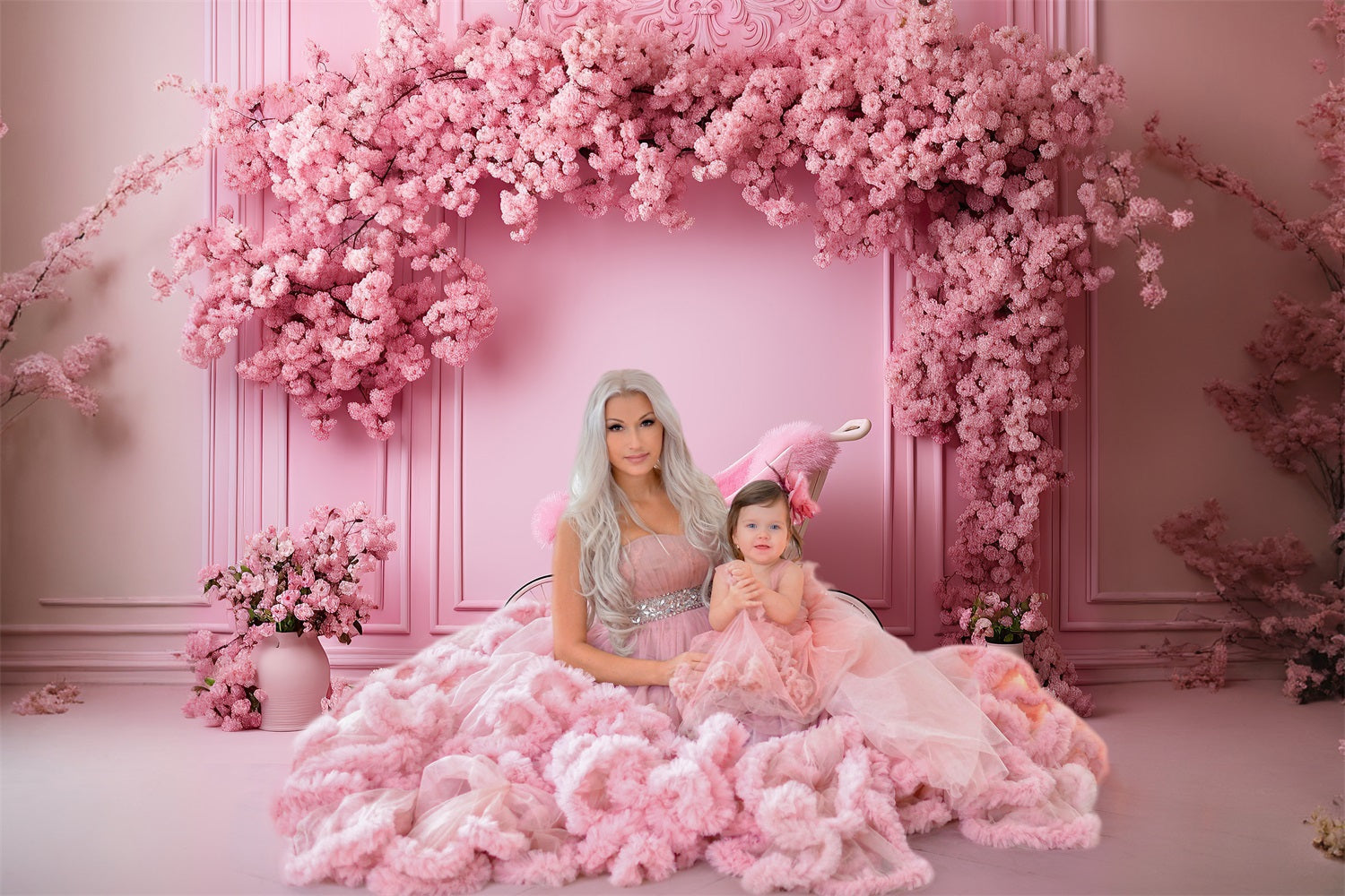 Dbackdrop Sfondo Rosa Classico Da Parete Con Fiori Di Ciliegio E Carrello Rosa RR4-12