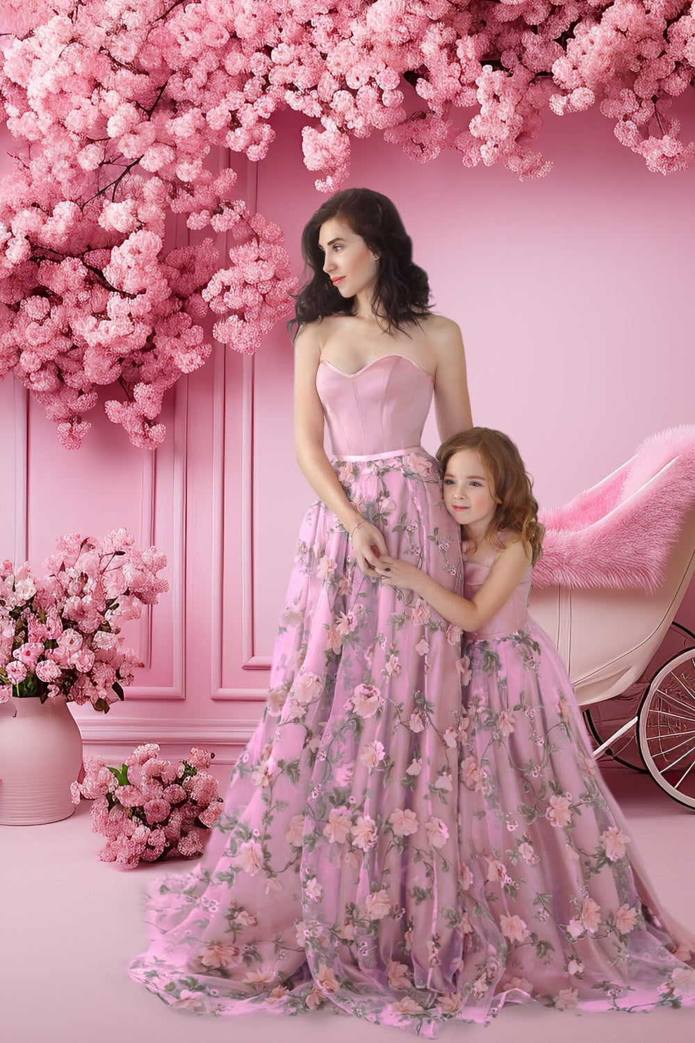 Dbackdrop Sfondo Rosa Classico Da Parete Con Fiori Di Ciliegio E Carrello Rosa RR4-12