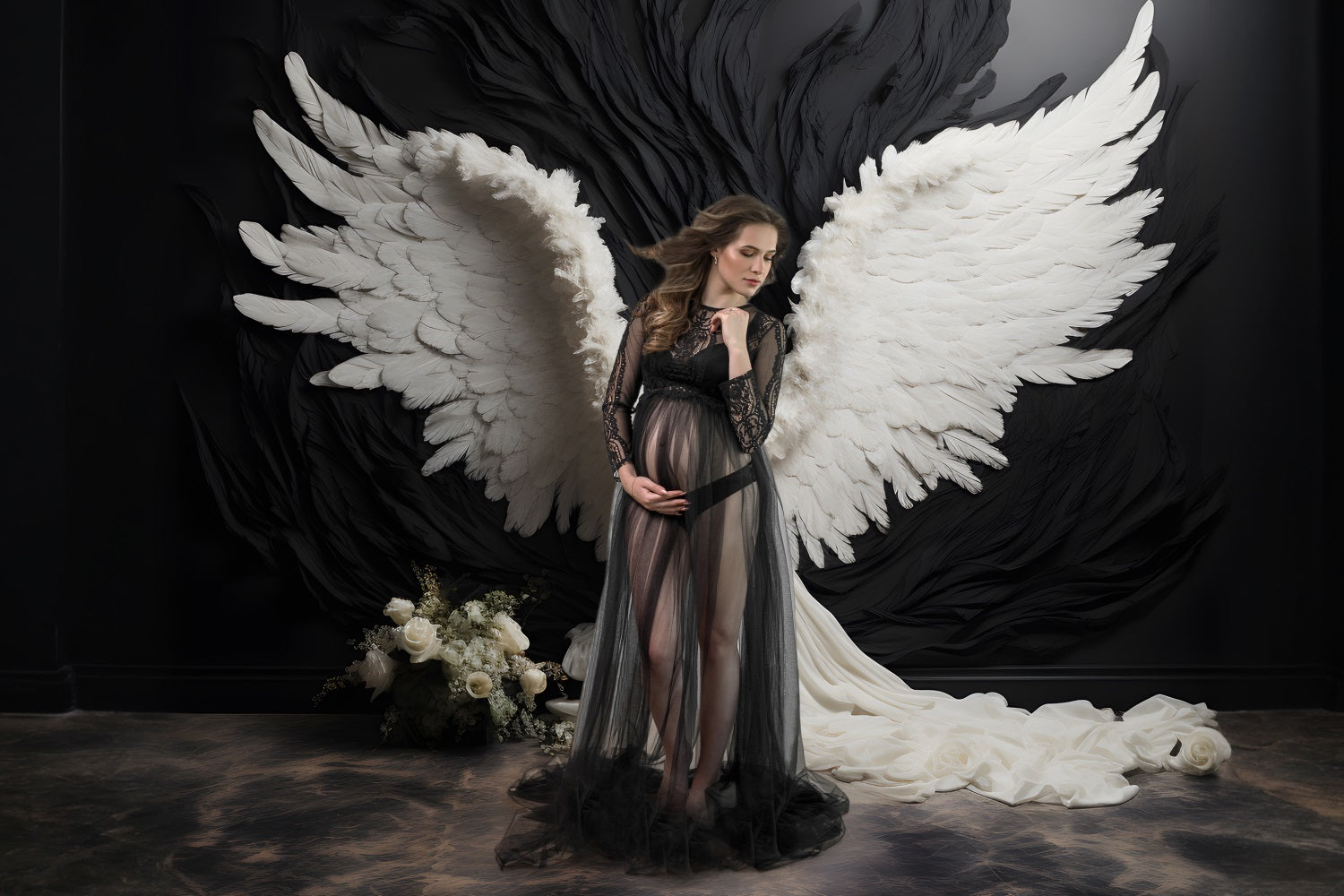 Dbackdrop Muro Nero Angeli Santi Ali Bianche Sfondo Rose Bianche RR4-15