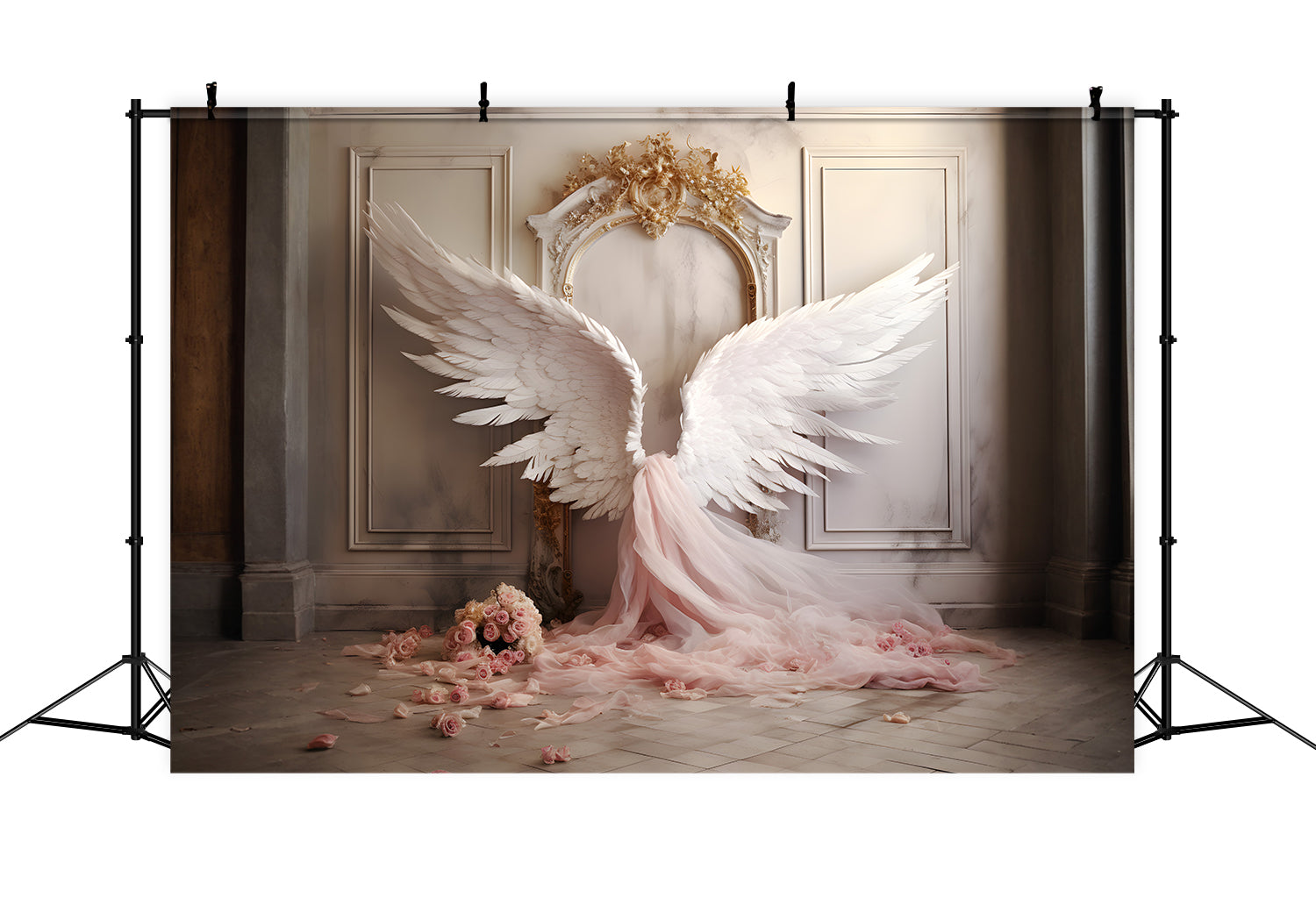 Dbackdrop Vintage Wall Pink Elegant Angel Wings Tulle Rose Fondale RR4-19