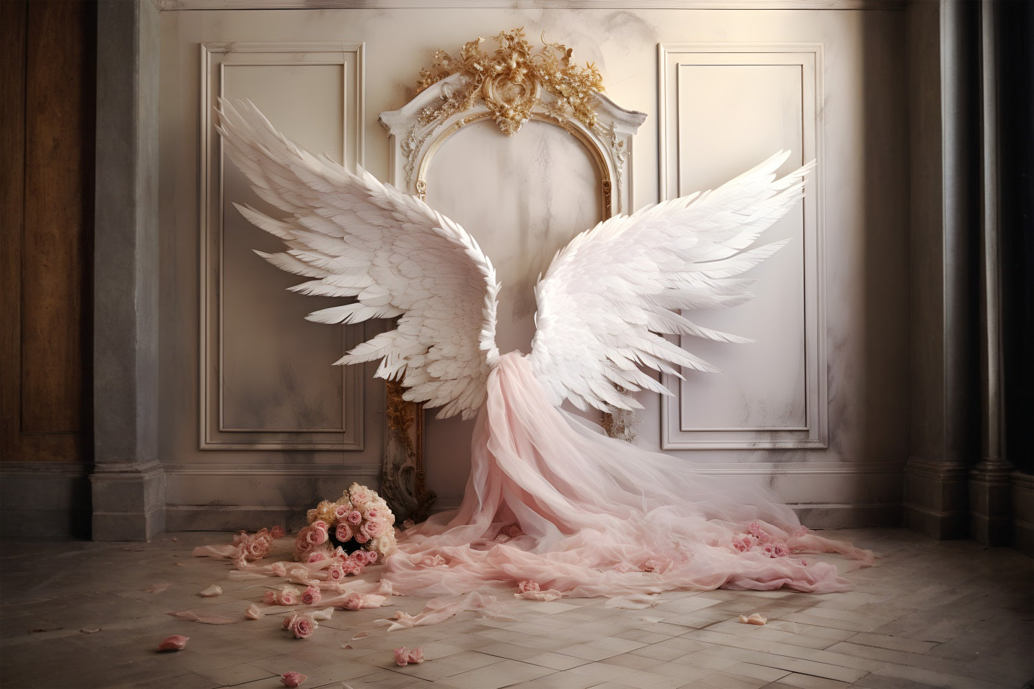 Dbackdrop Vintage Wall Pink Elegant Angel Wings Tulle Rose Fondale RR4-19