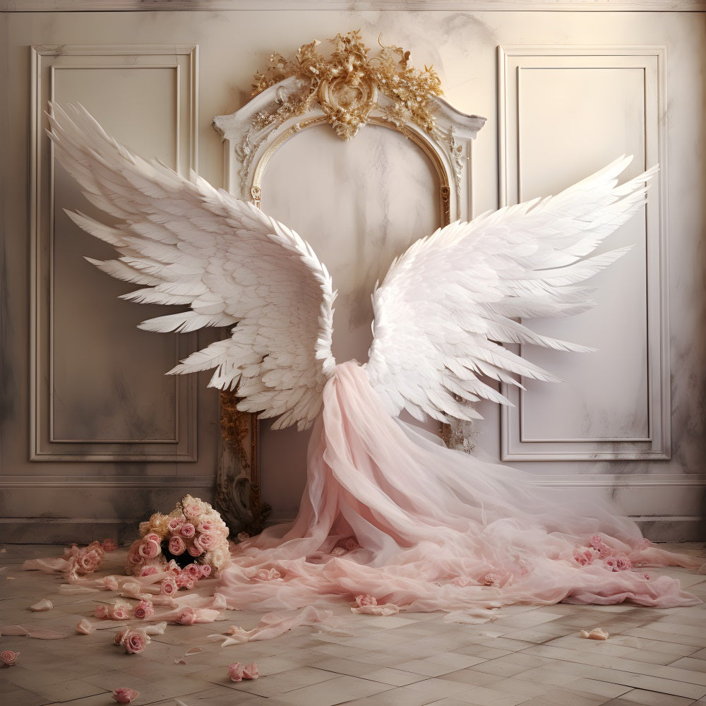 Dbackdrop Vintage Wall Pink Elegant Angel Wings Tulle Rose Fondale RR4-19