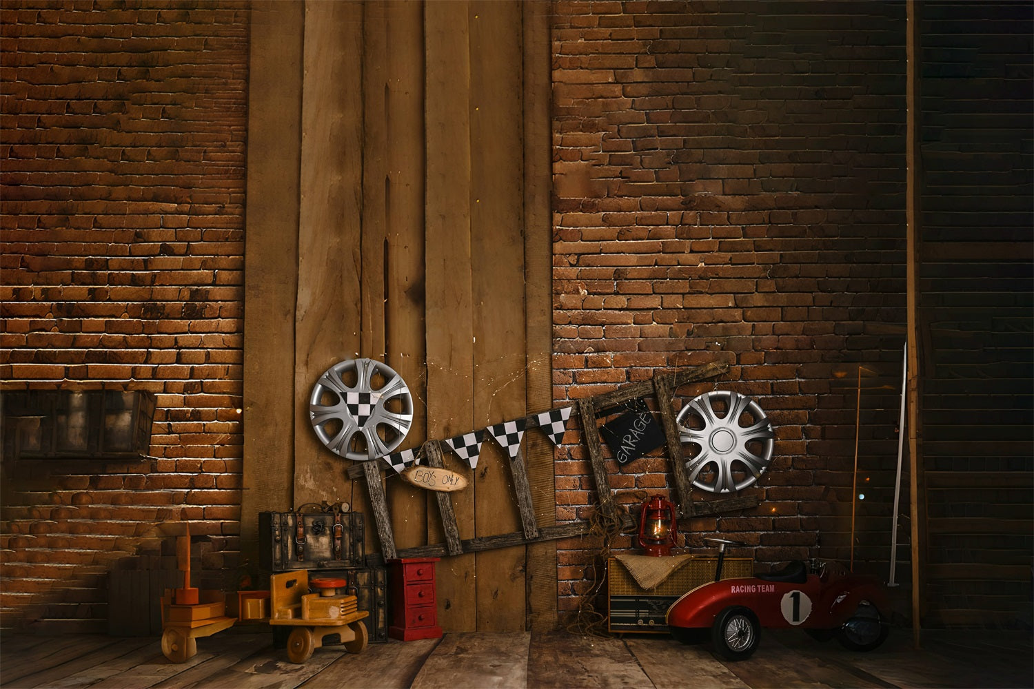 Sfondo Di Pneumatici Da Corsa Con Scaletta Per Muro Di Mattoni Vintage Per La Festa Del Papa RR5-1