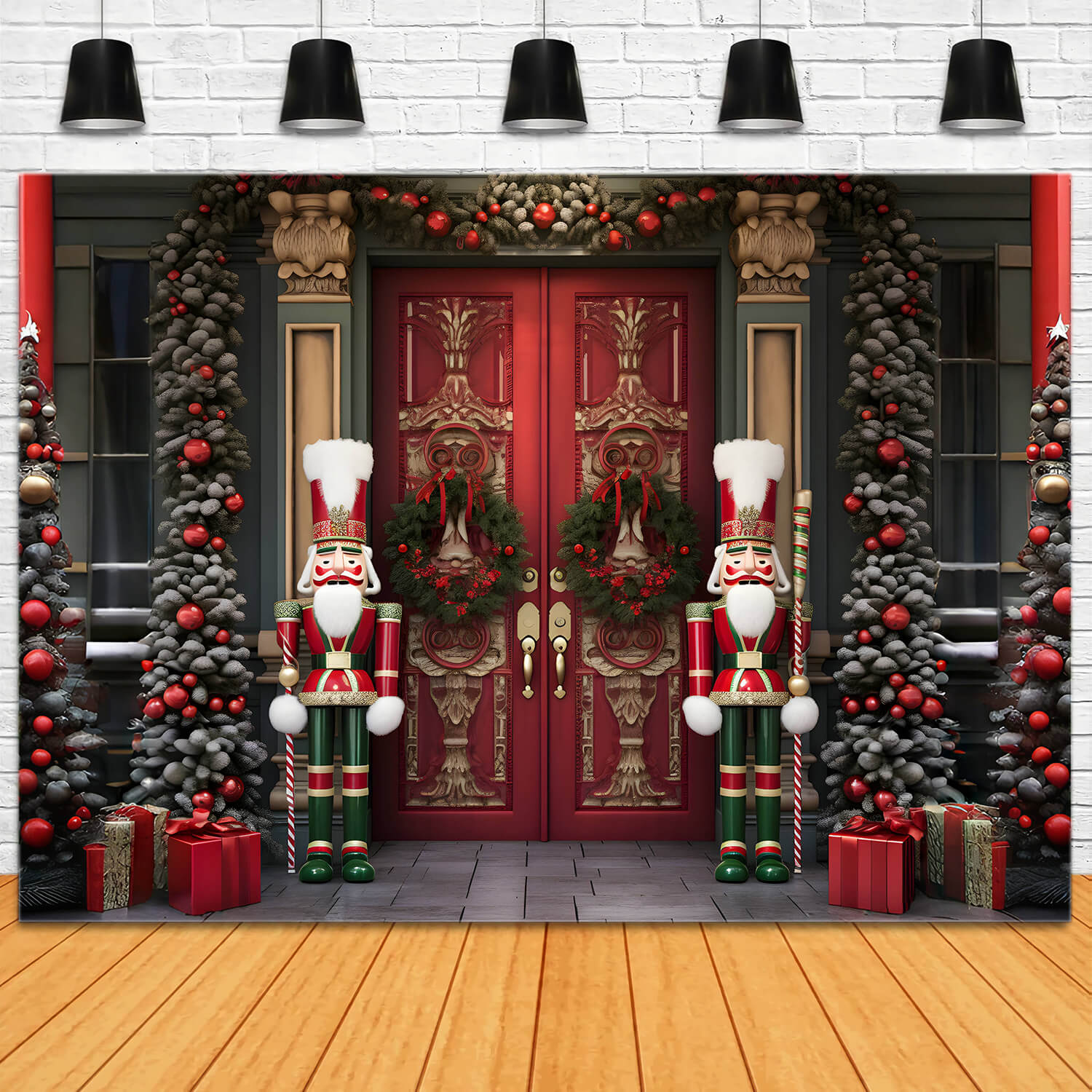 Sfondo Dello Schiaccianoci Della Porta Della Casa Degli Alberi Di Natale RR6-54