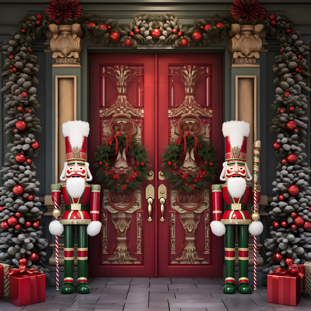 Sfondo Dello Schiaccianoci Della Porta Della Casa Degli Alberi Di Natale RR6-54