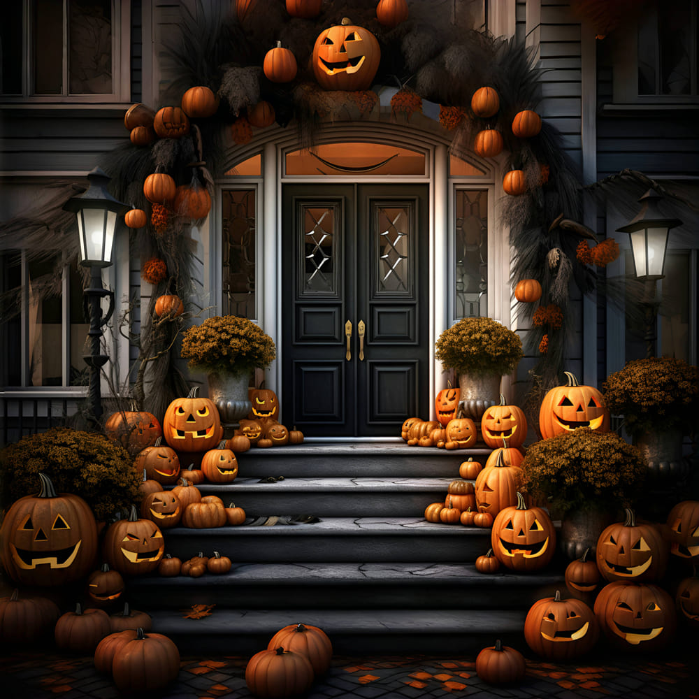Sfondo Di Halloween Con Zucche Della Porta D'Ingresso RR7-105
