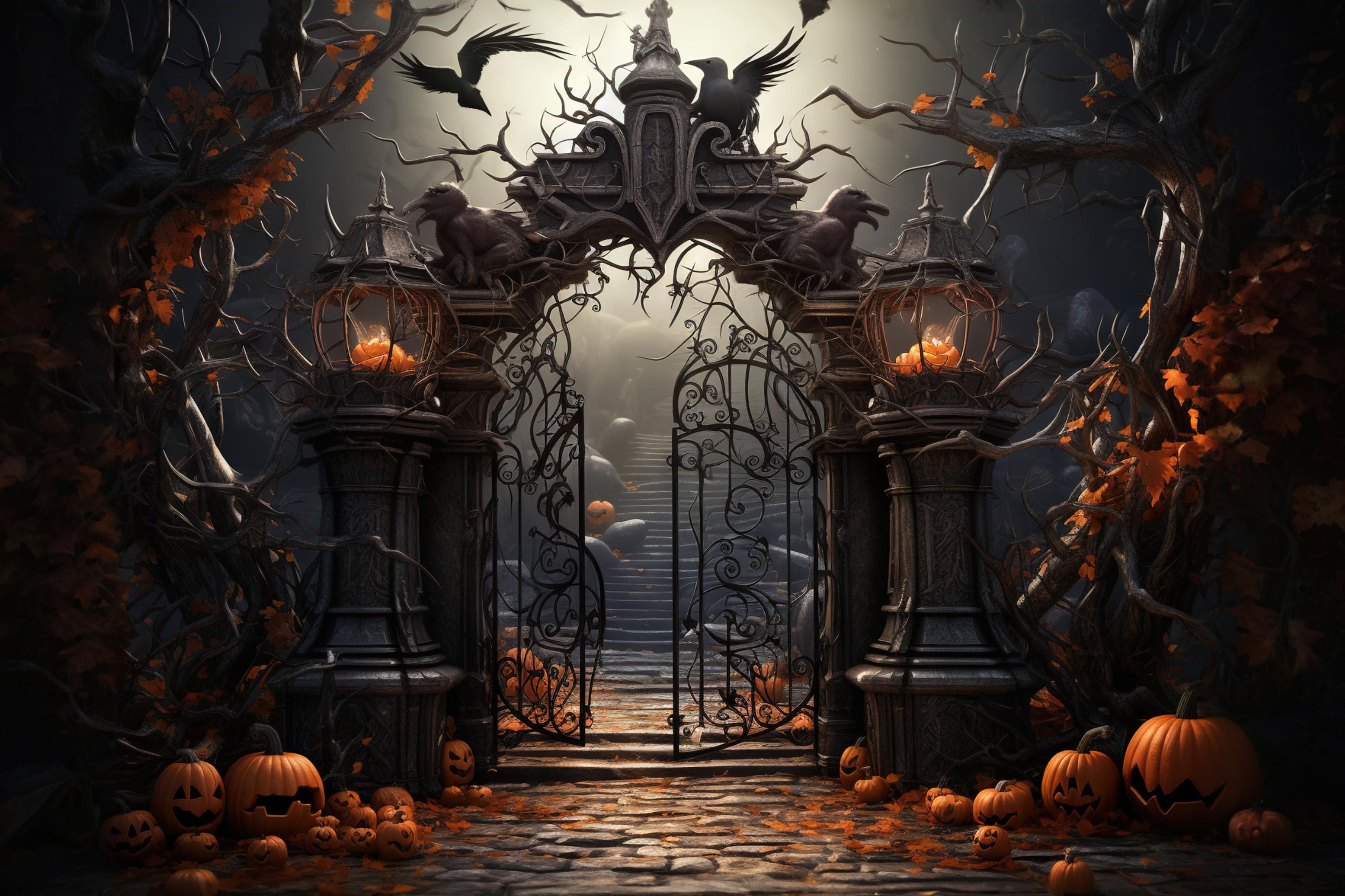 Sfondo Di Zucche Del Cancello Del Cimitero Di Halloween RR7-107
