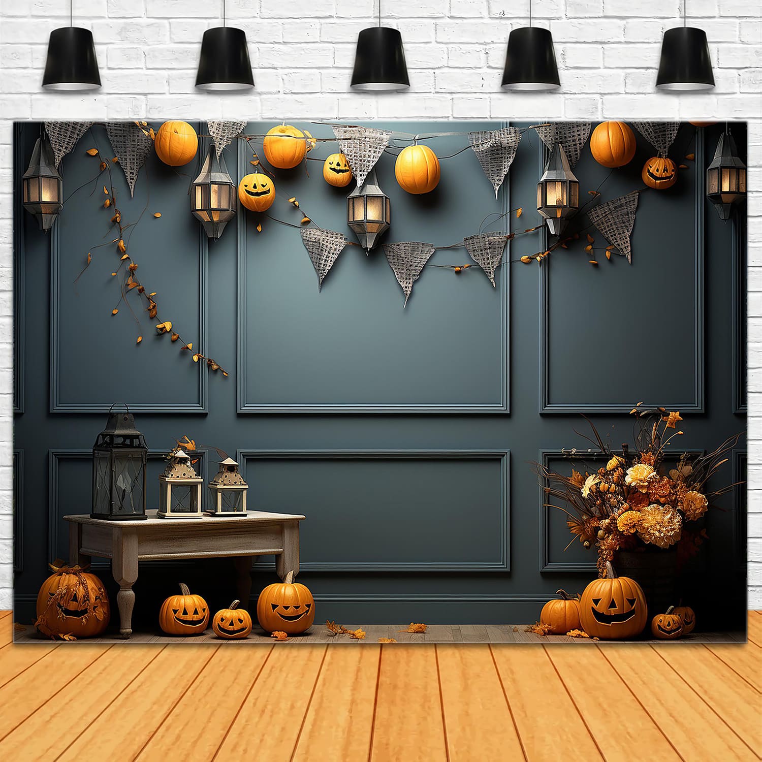 Sfondo Di Halloween Da Parete Decorato Con Zucche RR7-108