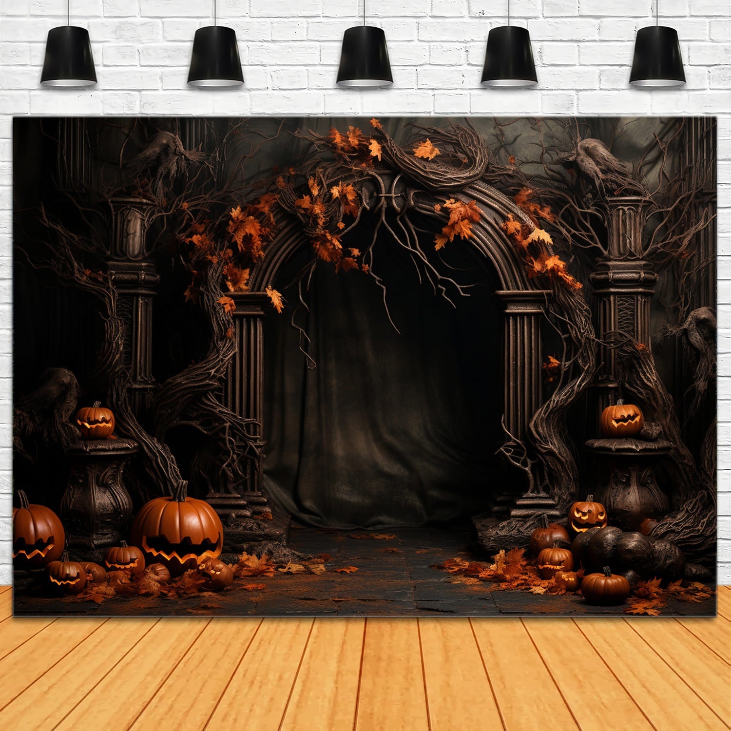 Sfondo Di Halloween Con Porta Zucche Di Foglie D'Acero RR7-111