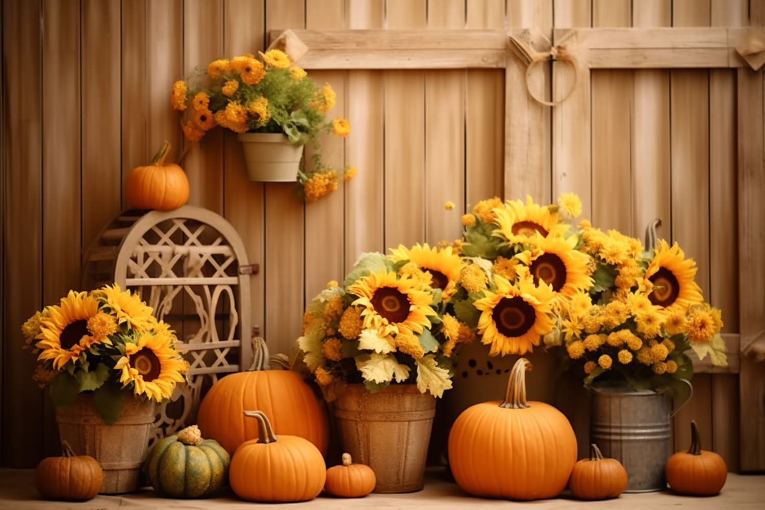 Sfondo Di Zucca Con Girasoli Nel Fienile Autunnale RR7-122