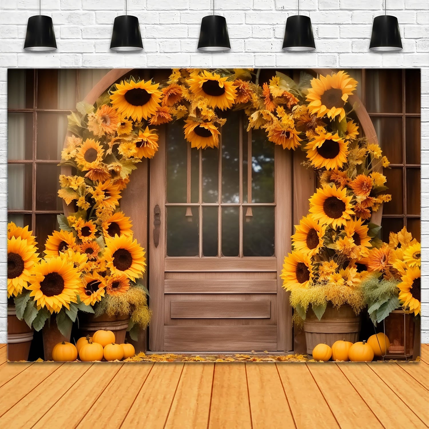 Sfondo Della Porta Del Fienile Con Corona Di Girasoli Autunnali RR7-125