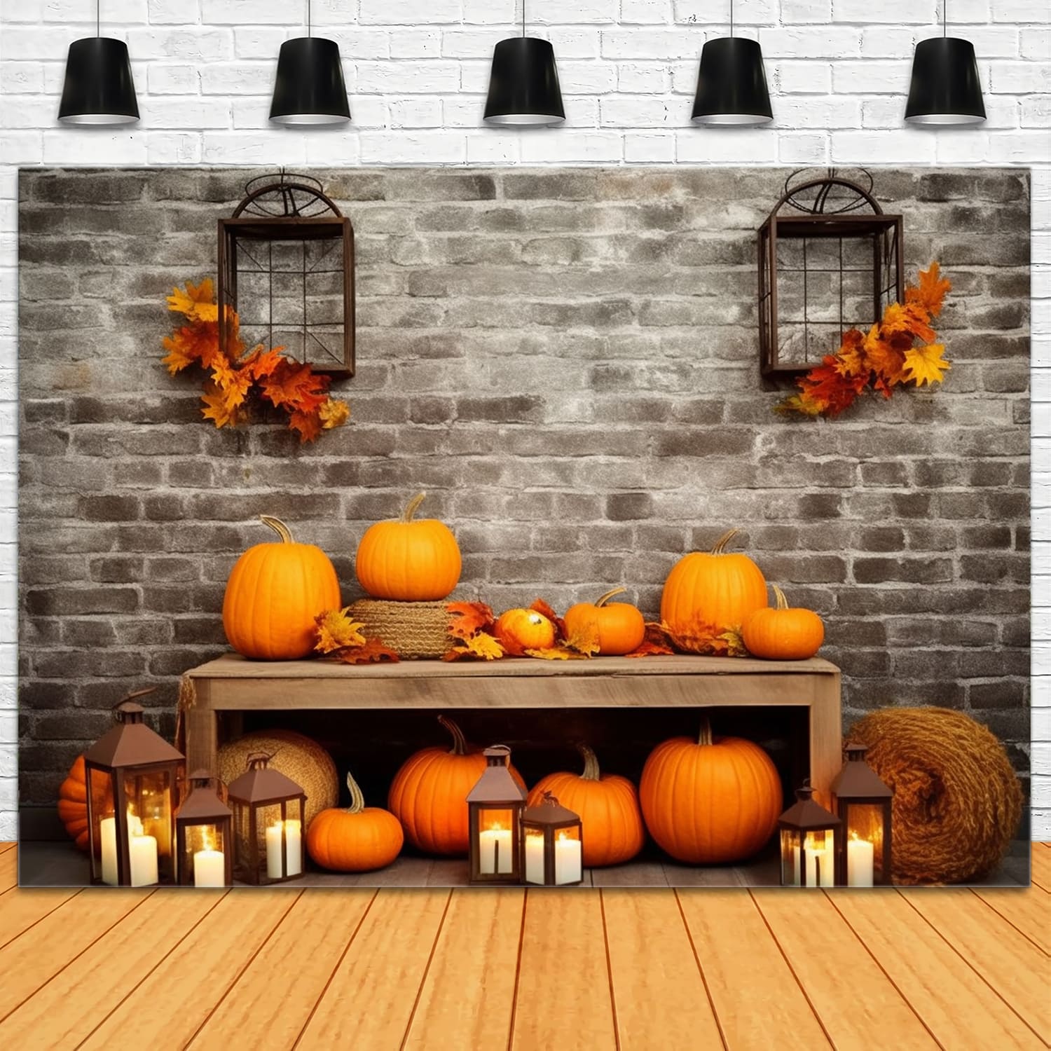 Sfondo Di Muro Di Mattoni Di Zucche Del Raccolto Autunnale RR7-132