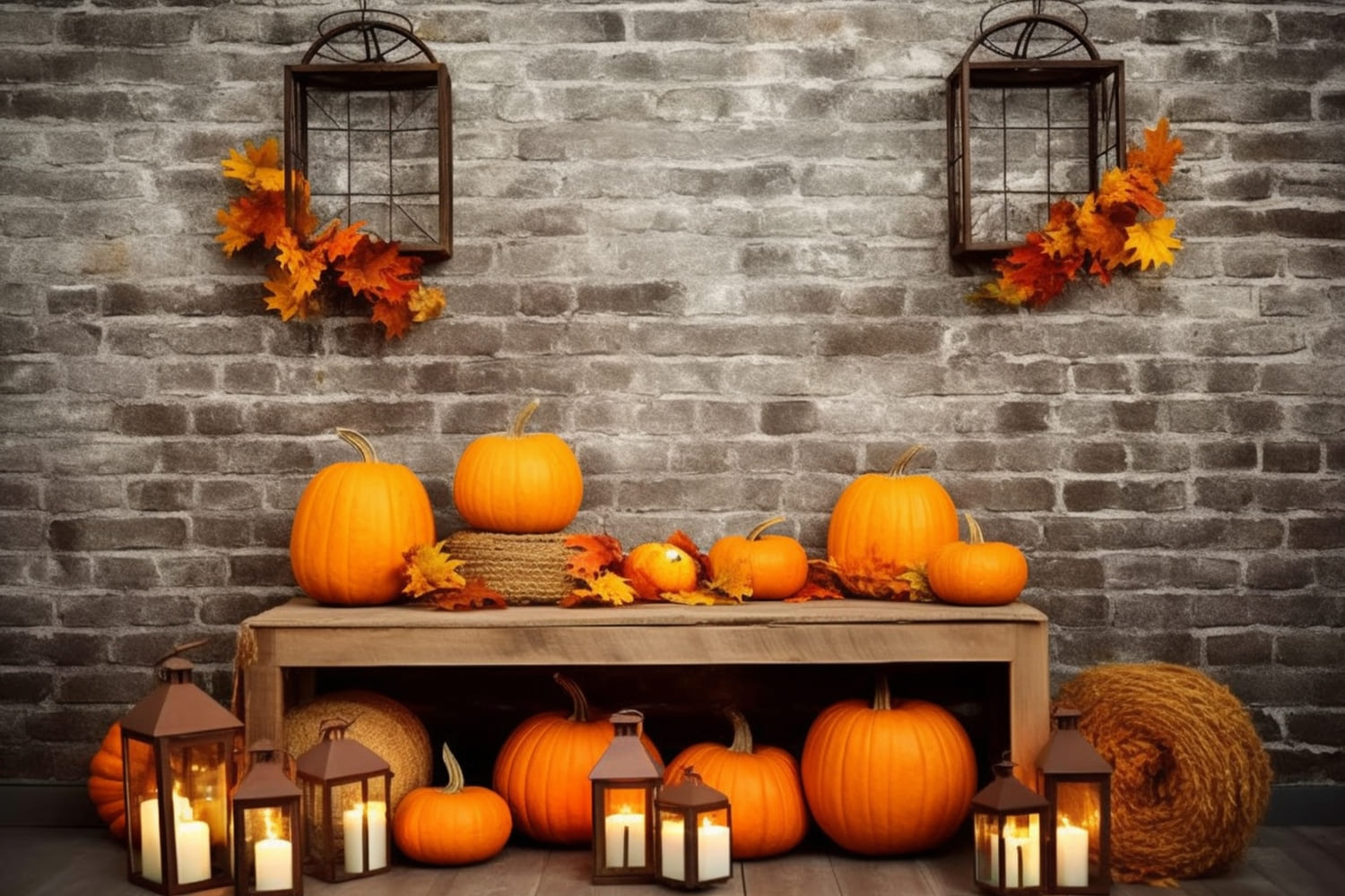 Sfondo Di Muro Di Mattoni Di Zucche Del Raccolto Autunnale RR7-132