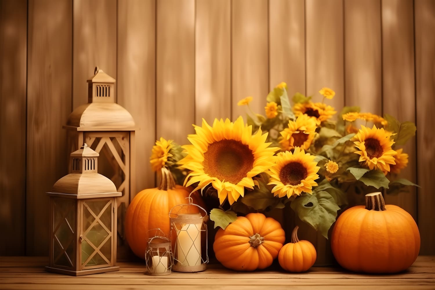 Sfondo Autunnale Con Lanterne Di Zucca E Girasole RR7-138