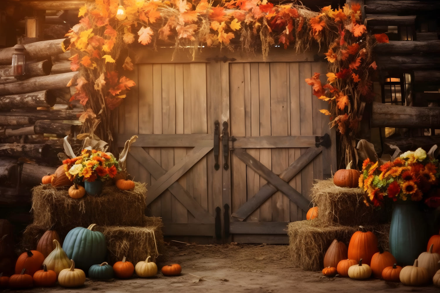 Autunno Fienile Pagliaio Foglie D'Acero Sullo Sfondo RR7-141