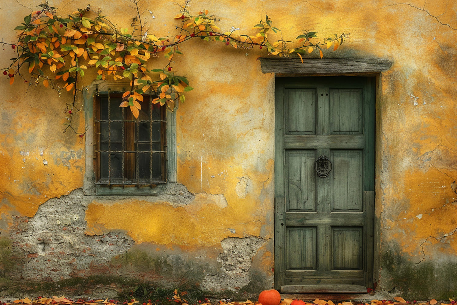 Porta In Legno Con Muro In Rovina Sfondo Autunnale RR7-147