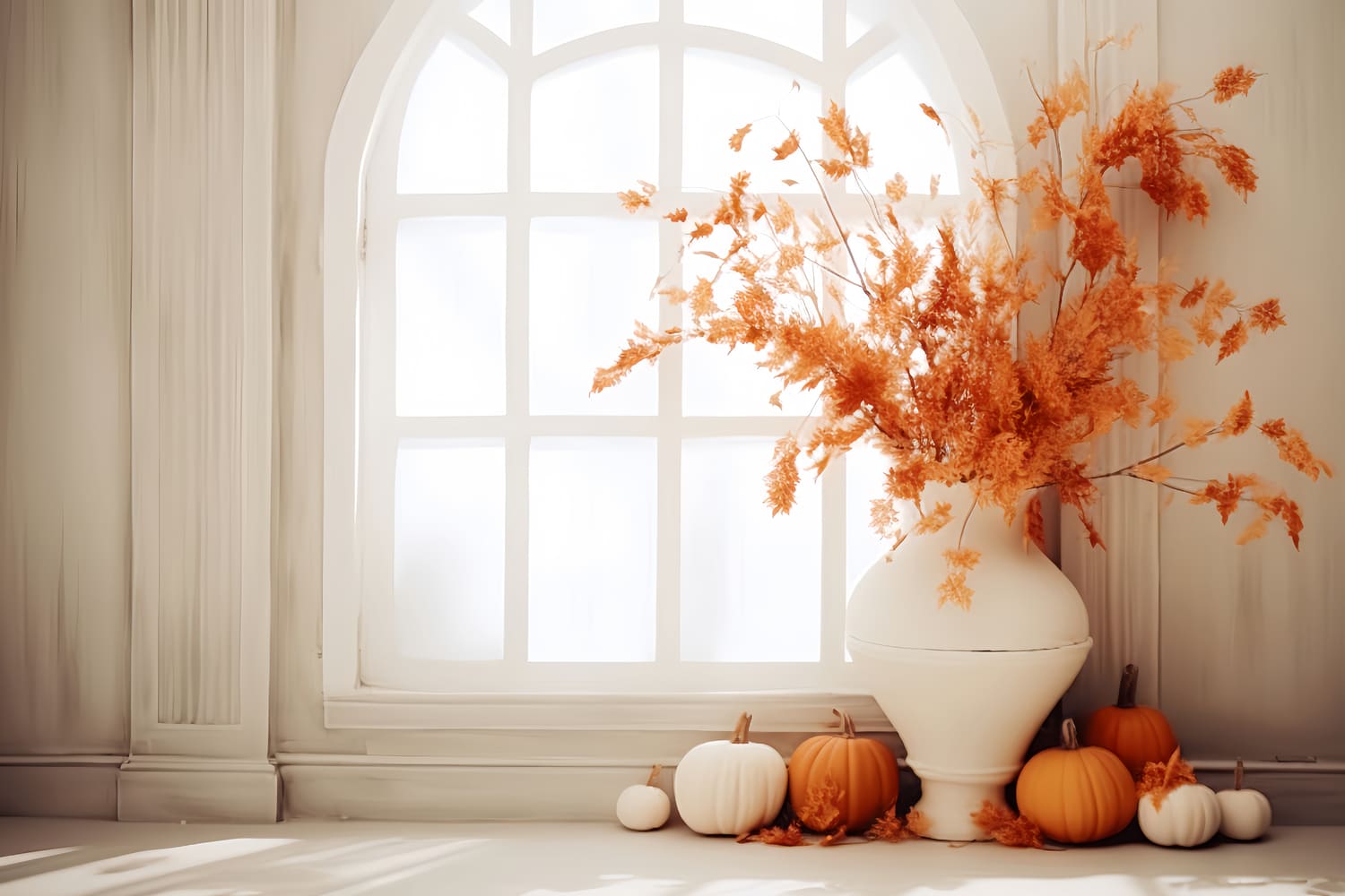 Vaso Di Foglie Secche Zucca Sfondo Autunnale RR7-152