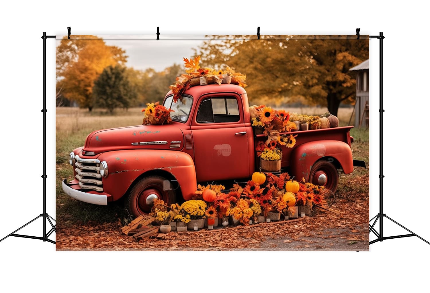 Autunno Rosso Camion Fiori Zucche Sfondo RR7-156