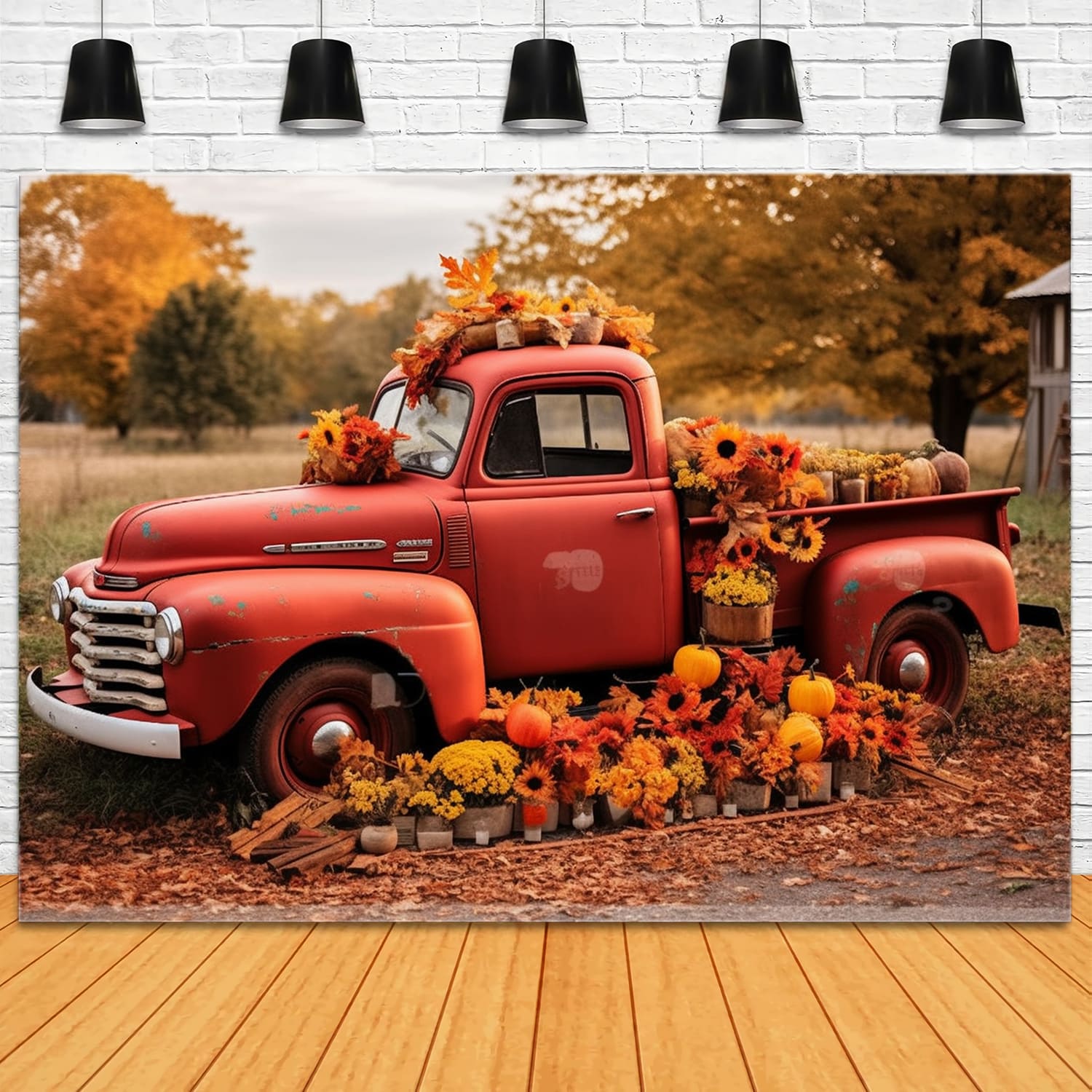 Autunno Rosso Camion Fiori Zucche Sfondo RR7-156