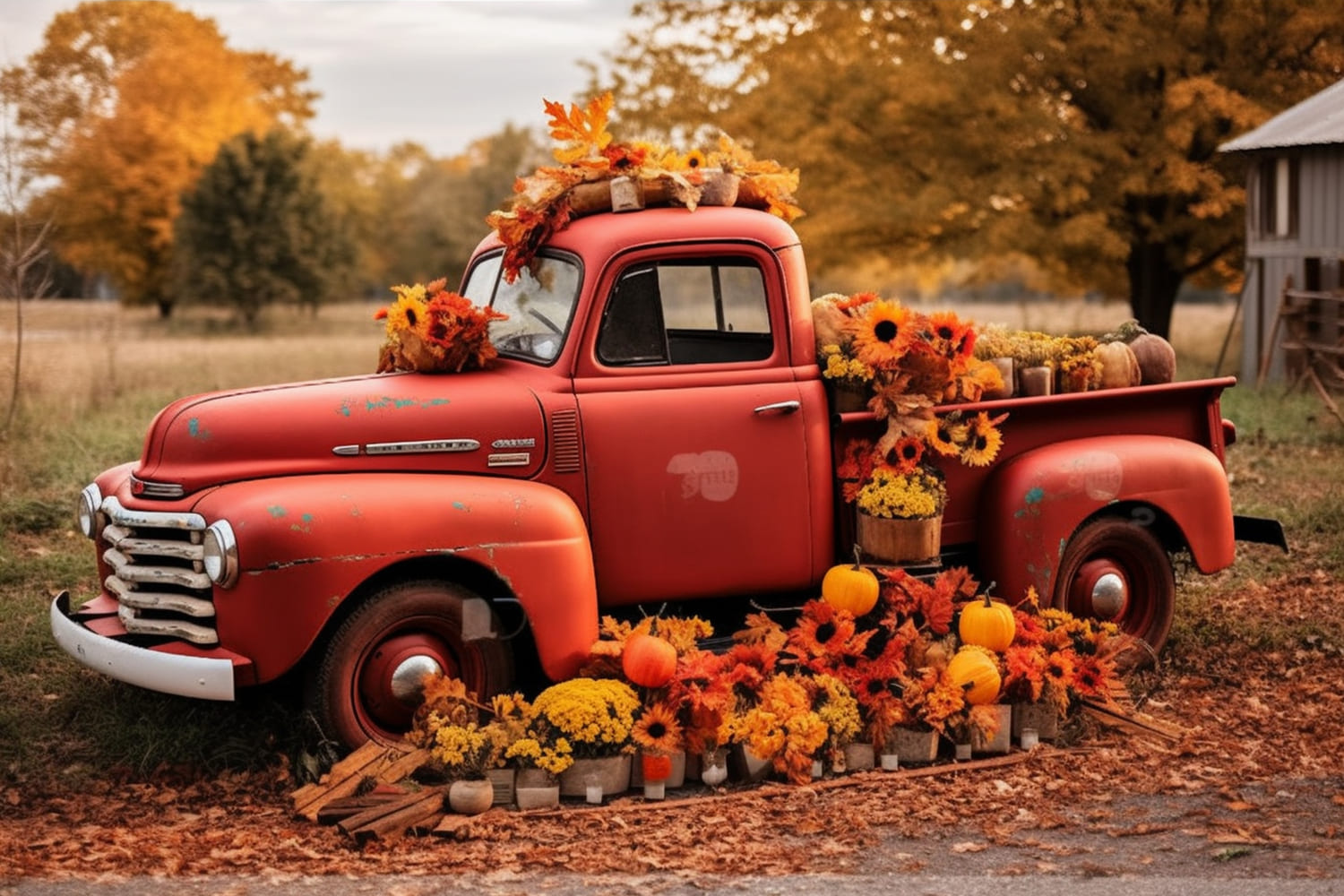 Autunno Rosso Camion Fiori Zucche Sfondo RR7-156