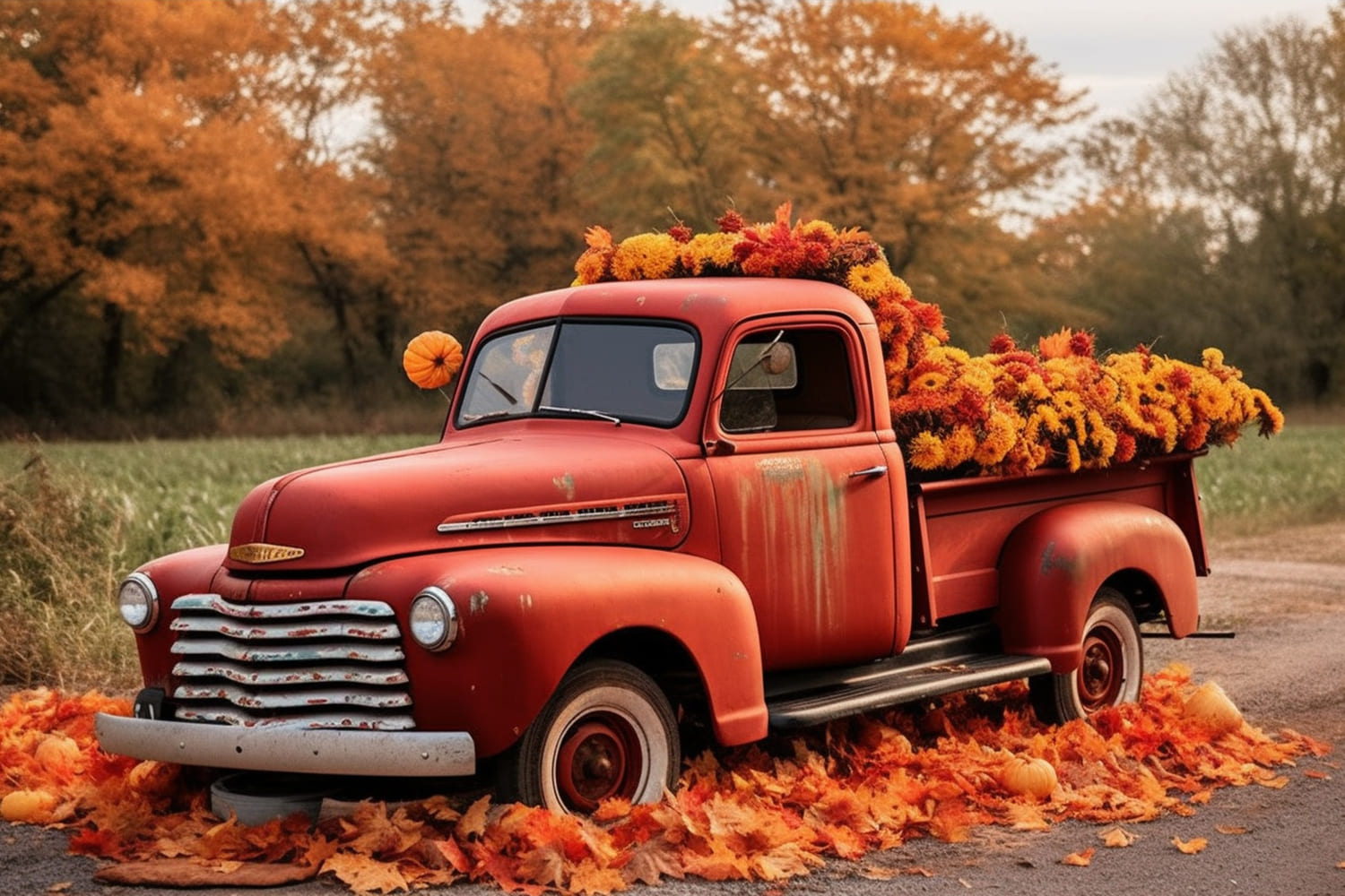 Sfondo Di Camion Rosso Foresta D'Acero Autunnale RR7-157
