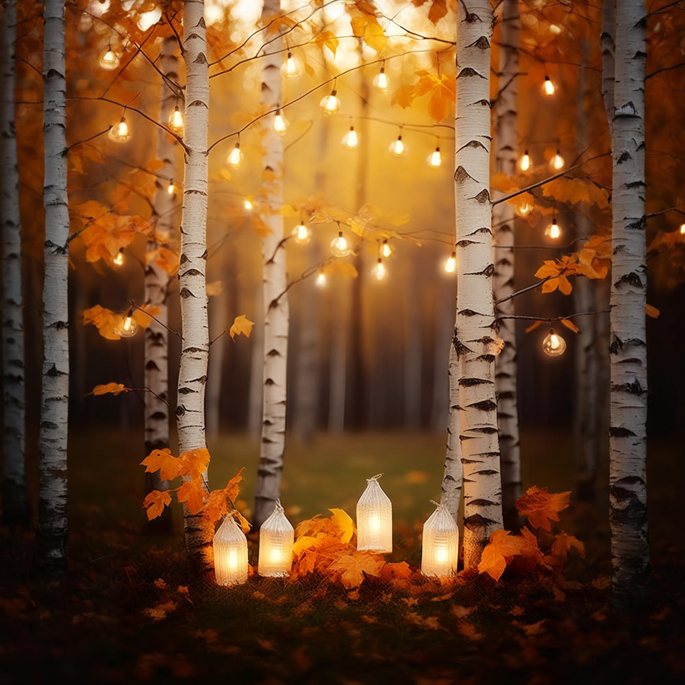 Sfondo Di Luci A Corda In Foresta Di Betulle Autunnali RR7-165