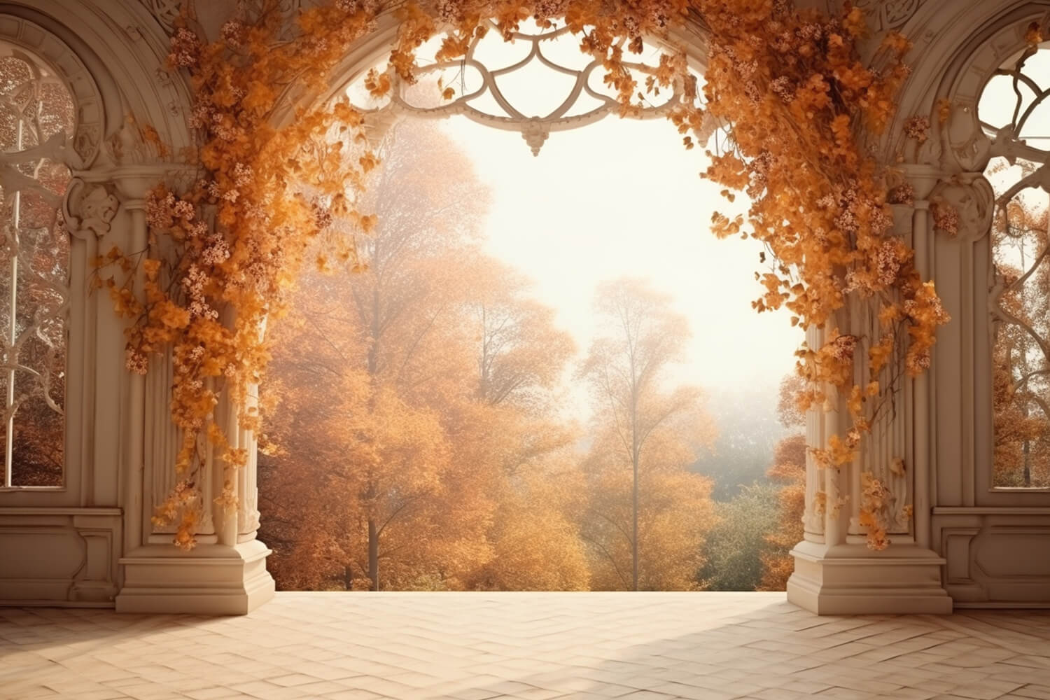 Sfondo Dell'Arco Del Castello Del Paesaggio Della Foresta Autunnale RR7-179