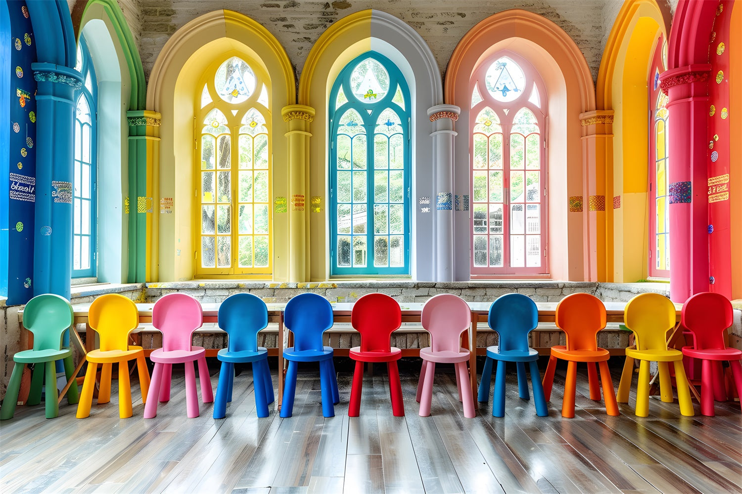 Sedie Colorate Per L'Aula Ritorno A Scuola Sullo Sfondo RR7-202