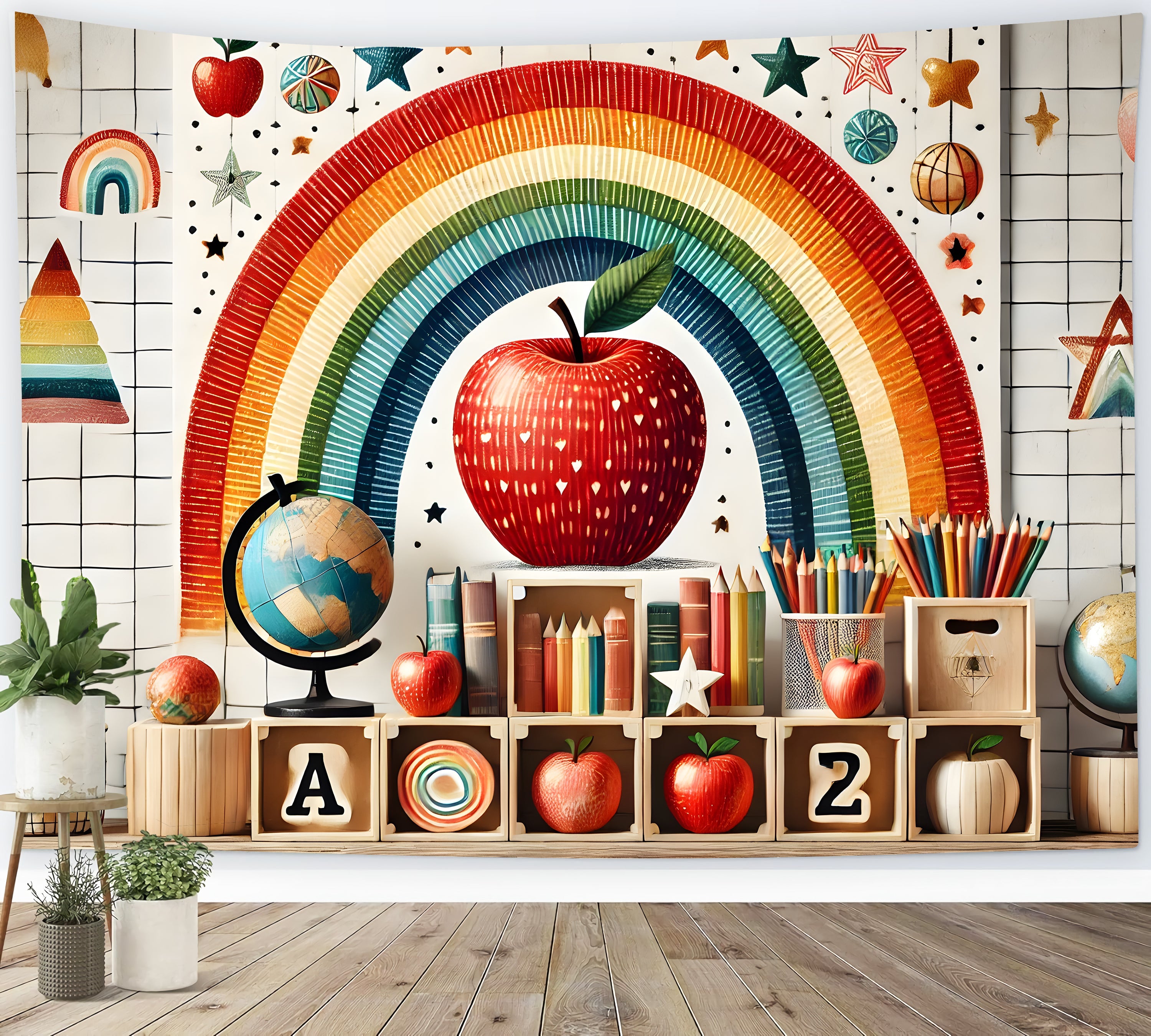 Ritorno A Scuola Sfondo Con Mele Arcobaleno RR7-235