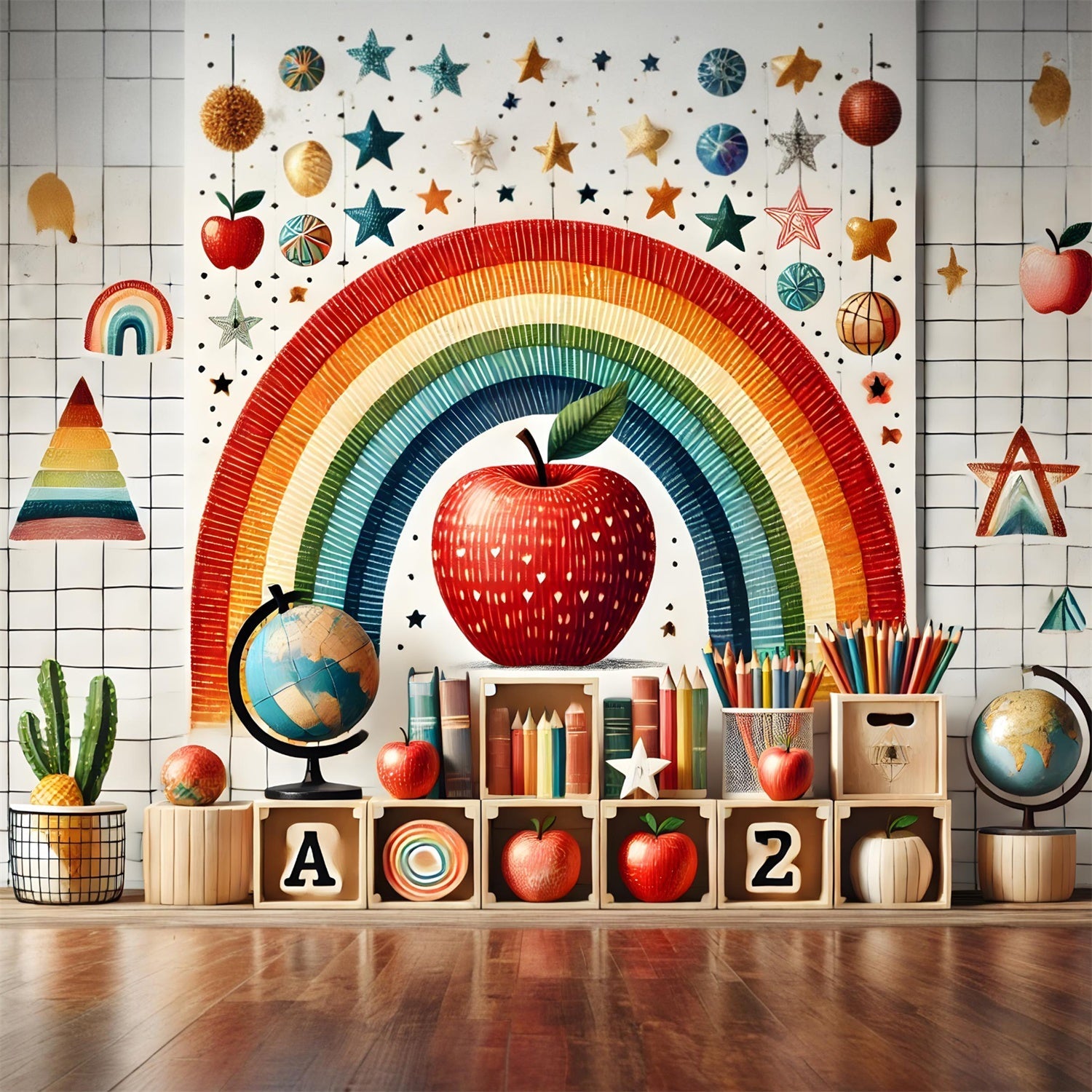 Ritorno A Scuola Sfondo Con Mele Arcobaleno RR7-235