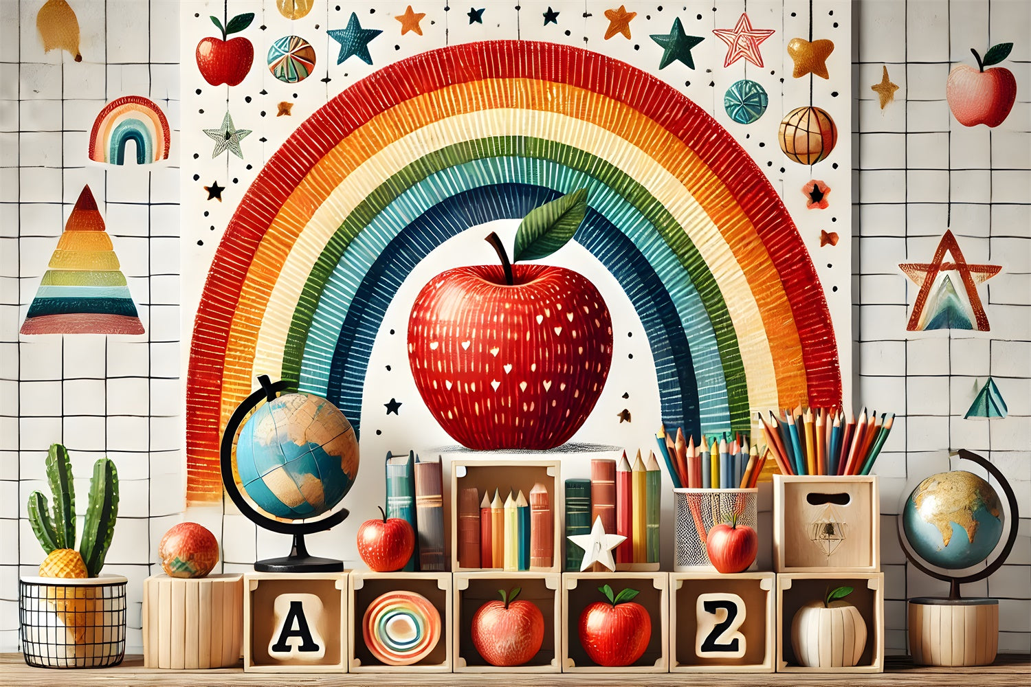 Ritorno A Scuola Sfondo Con Mele Arcobaleno RR7-235