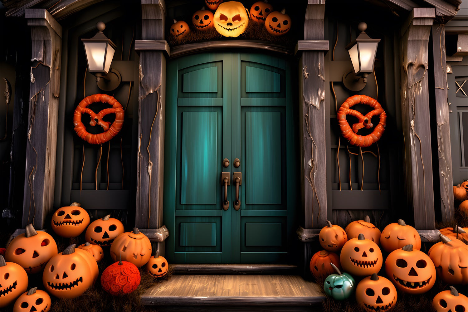 Sfondo Di Ghirlande Sulla Porta Stregata Dalla Zucca Di Halloween RR7-250
