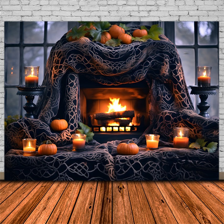 Sfondo Accogliente Caminetto Con Lanterne Di Zucca Di Halloween RR7-253