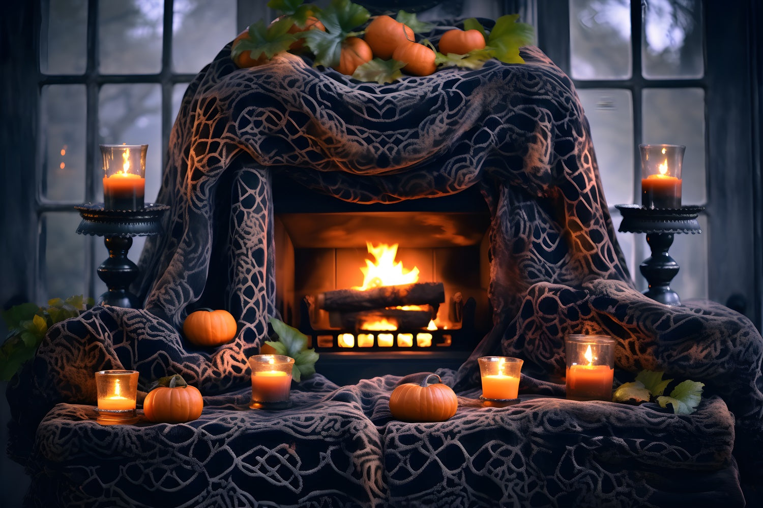 Sfondo Accogliente Caminetto Con Lanterne Di Zucca Di Halloween RR7-253