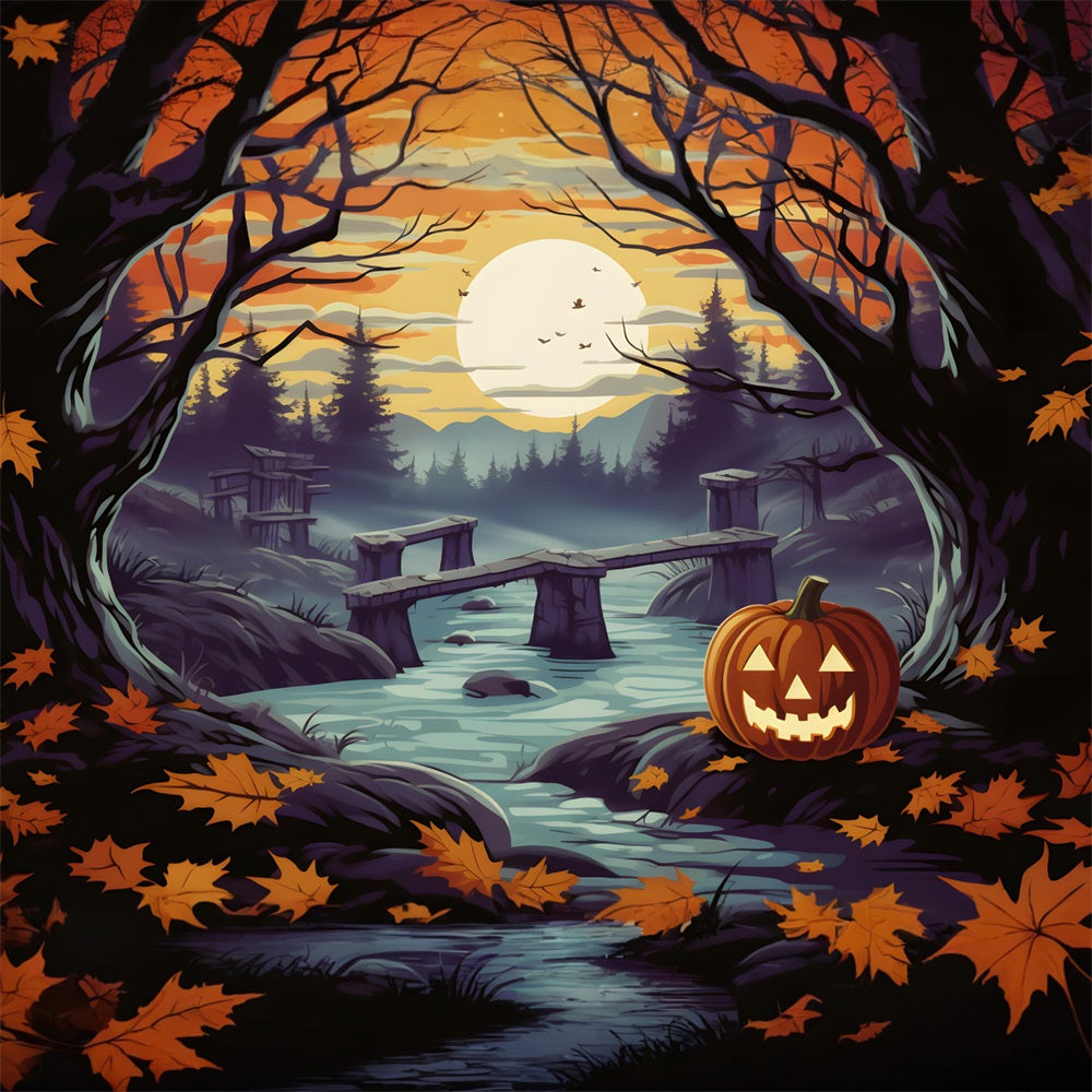 Sfondo Del Fiume Della Foresta Incantata Della Zucca Di Halloween RR7-259