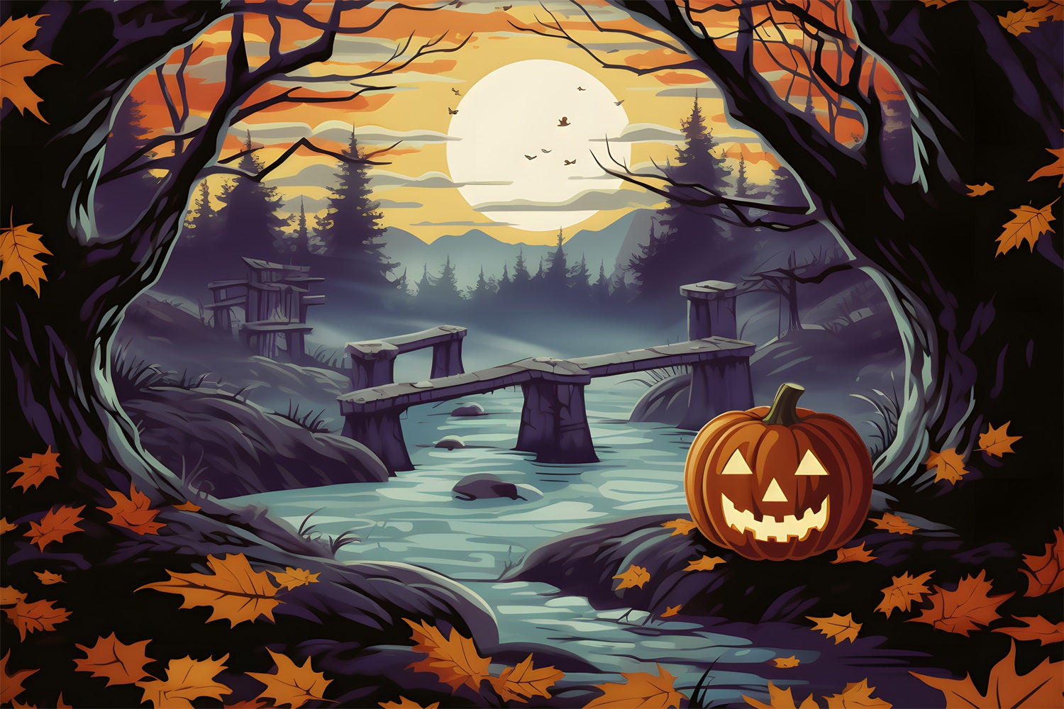 Sfondo Del Fiume Della Foresta Incantata Della Zucca Di Halloween RR7-259