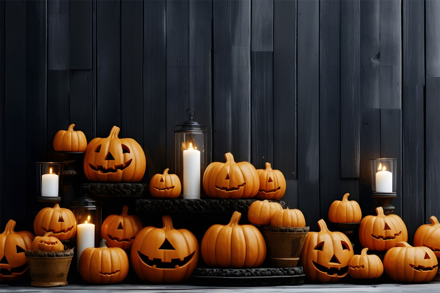 Sfondo Da Parete In Legno Con Lanterne Di Zucca Di Halloween RR7-260