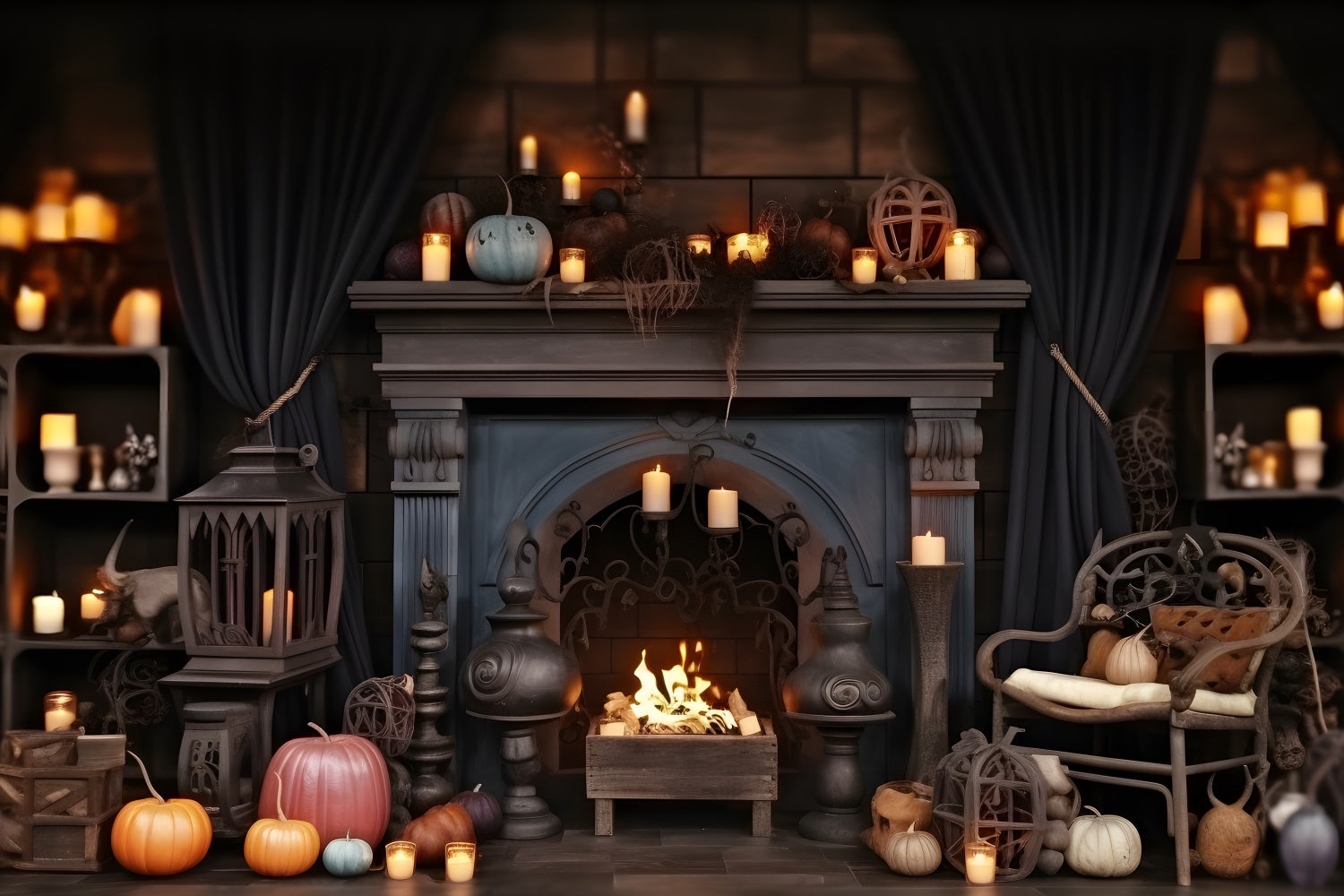 Sfondo Accogliente Caminetto Con Lanterne Di Zucca Di Halloween RR7-264