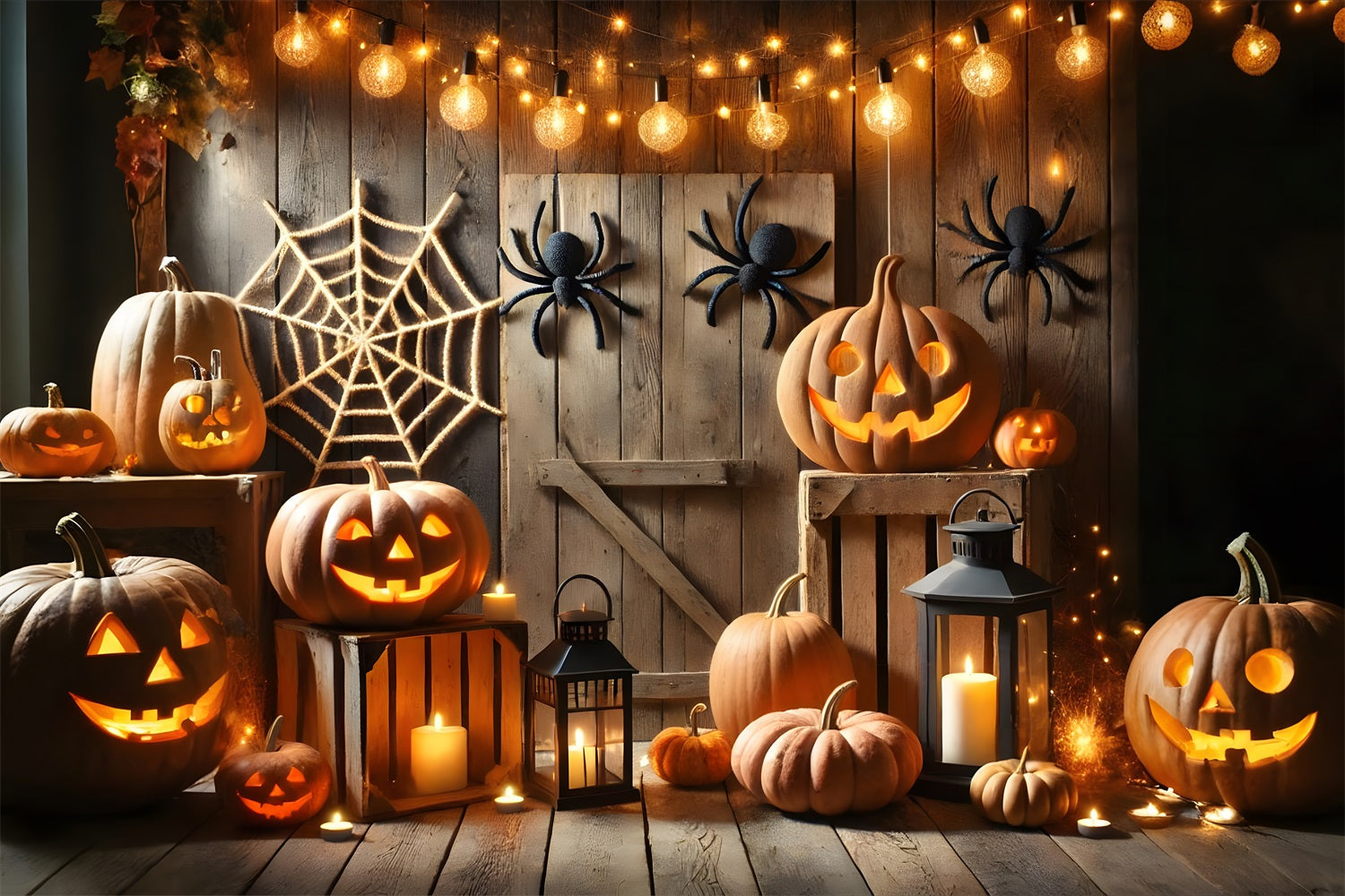 Sfondo Del Fienile Della Ragnatela Delle Lanterne Della Zucca Di Halloween RR7-271
